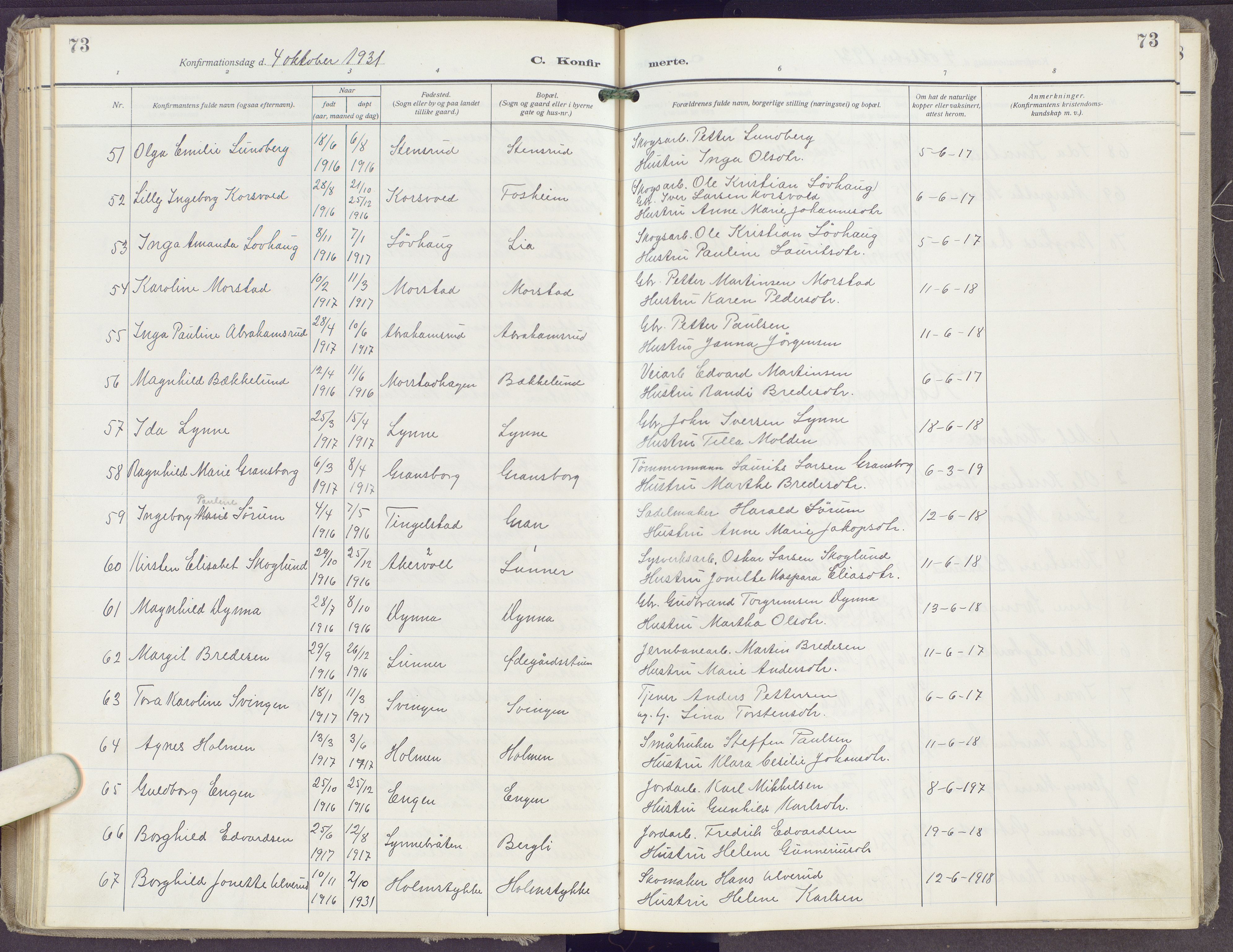 Gran prestekontor, AV/SAH-PREST-112/H/Ha/Haa/L0023: Parish register (official) no. 23, 1919-1938, p. 73