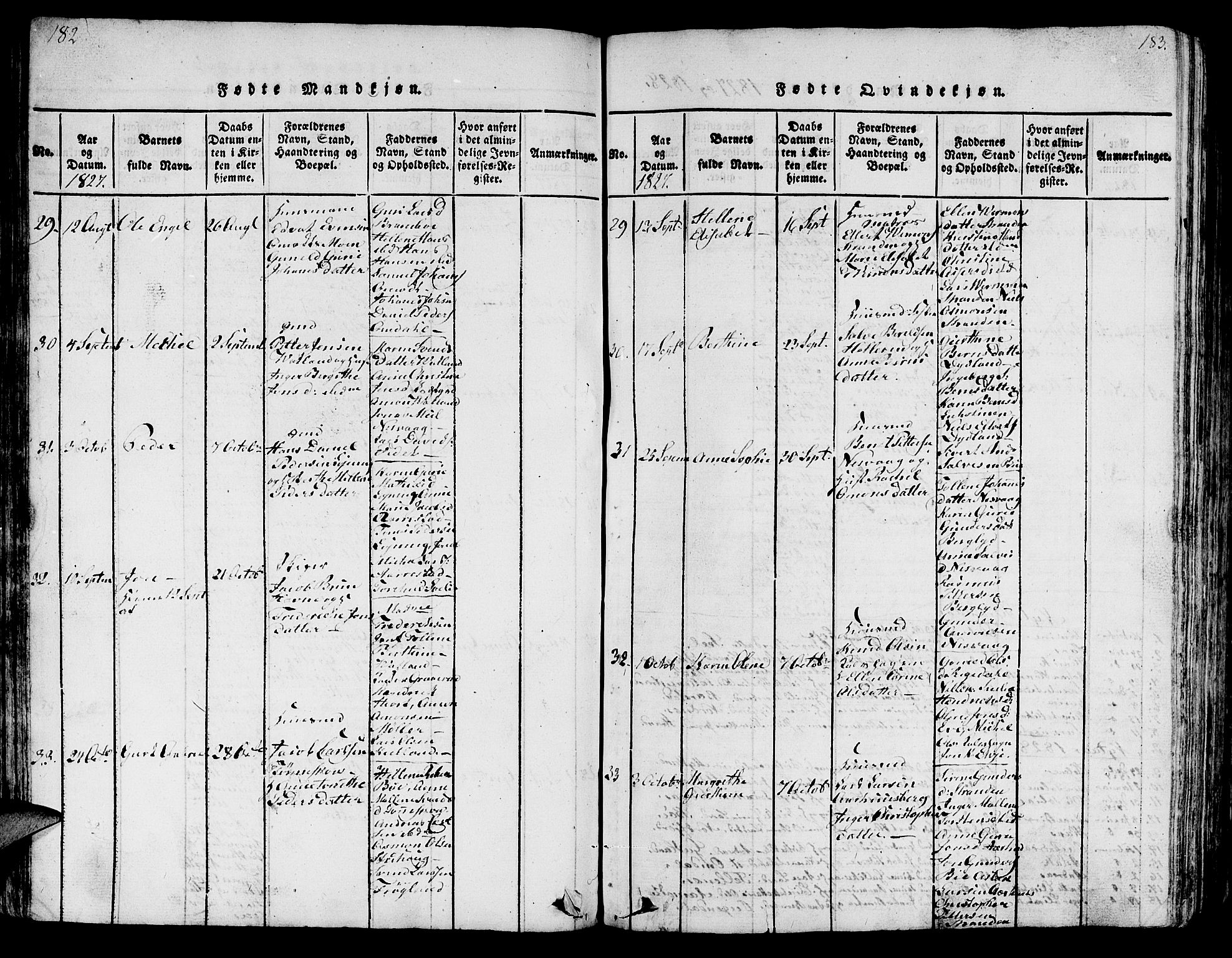 Sokndal sokneprestkontor, AV/SAST-A-101808: Parish register (copy) no. B 1, 1815-1848, p. 182-183