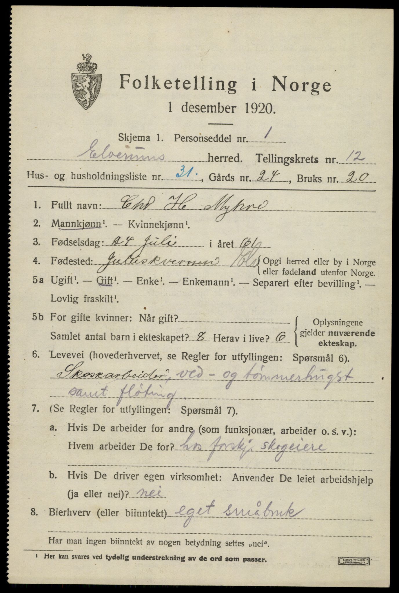 SAH, 1920 census for Elverum, 1920, p. 17266