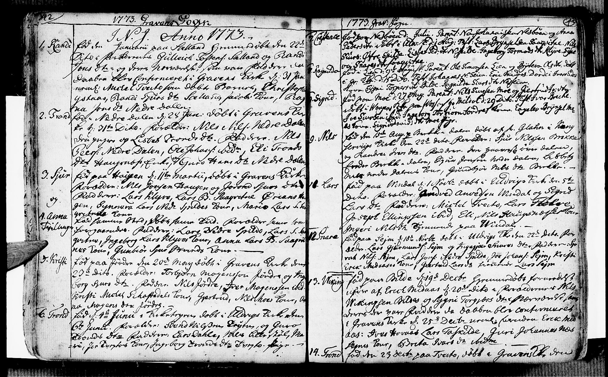 Ulvik sokneprestembete, SAB/A-78801/H/Haa: Parish register (official) no. A 7, 1761-1792, p. 42-43