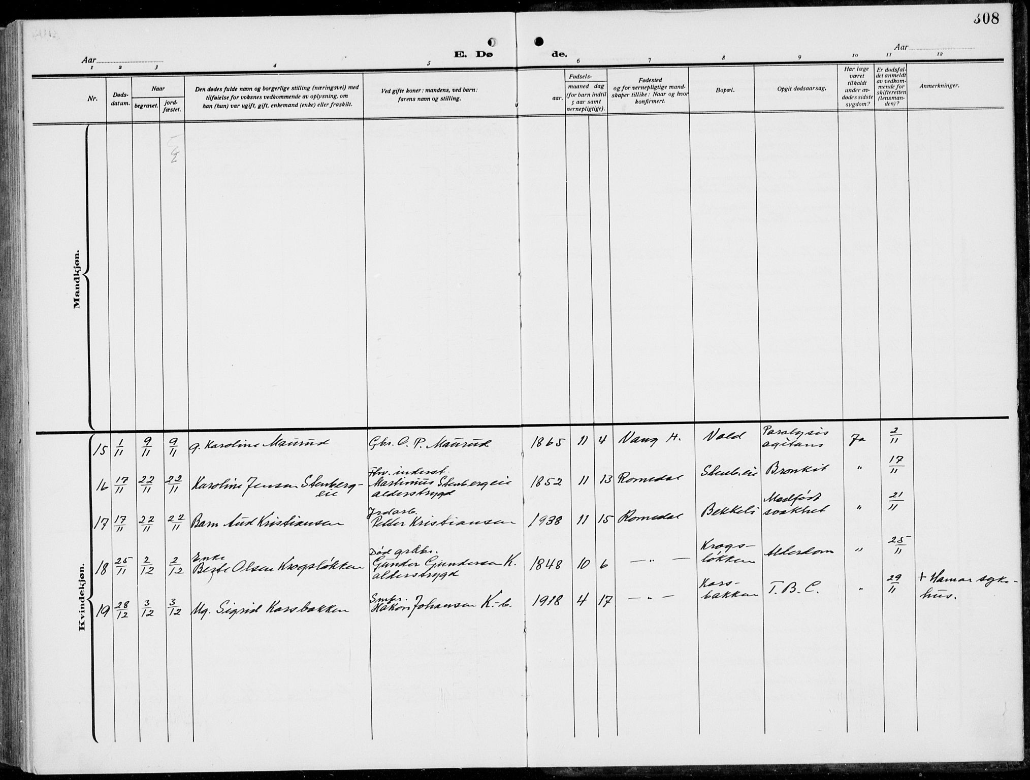 Romedal prestekontor, AV/SAH-PREST-004/L/L0014: Parish register (copy) no. 14, 1915-1939, p. 308