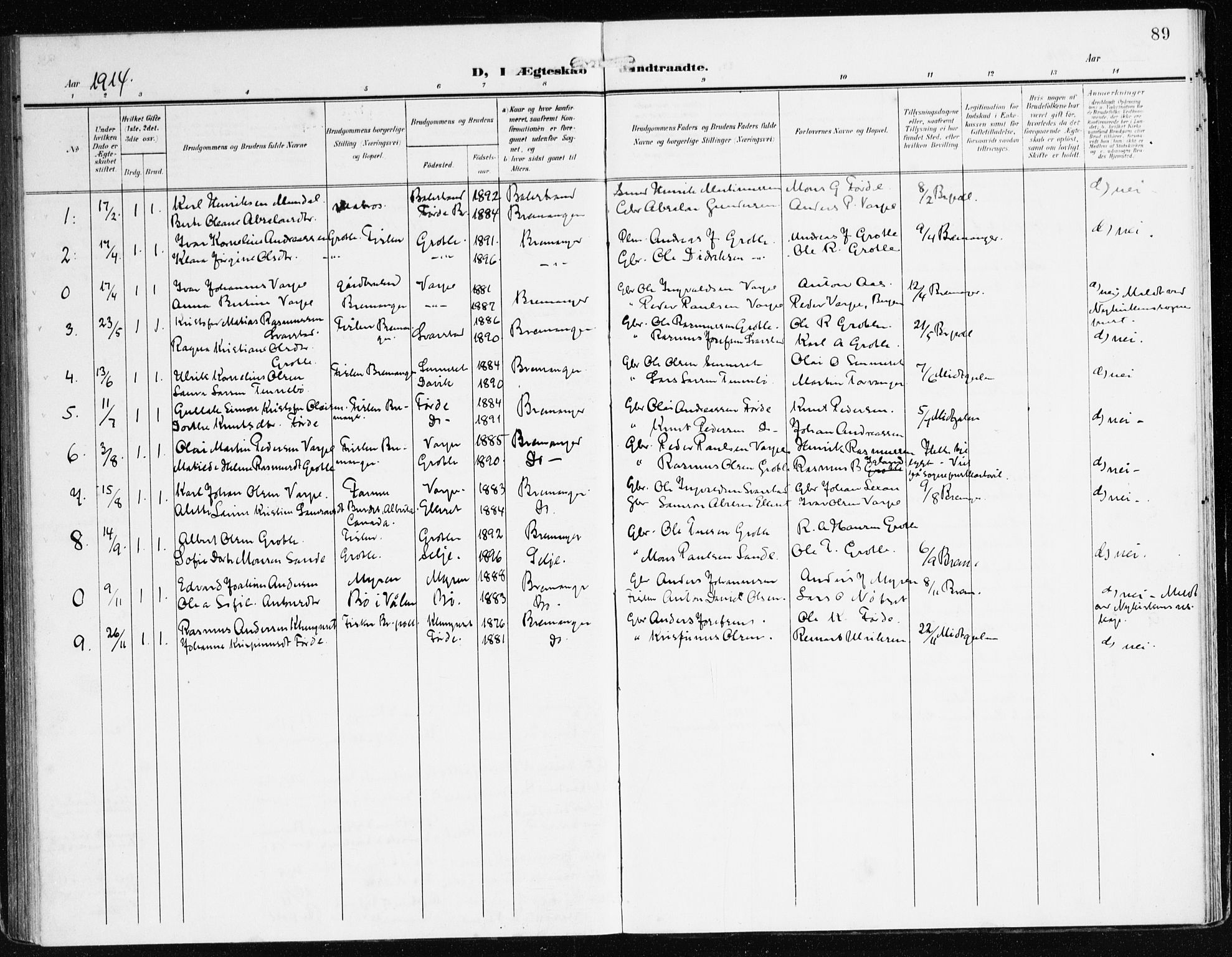 Bremanger sokneprestembete, SAB/A-82201/H/Haa/Haac/L0001: Parish register (official) no. C 1, 1908-1921, p. 89