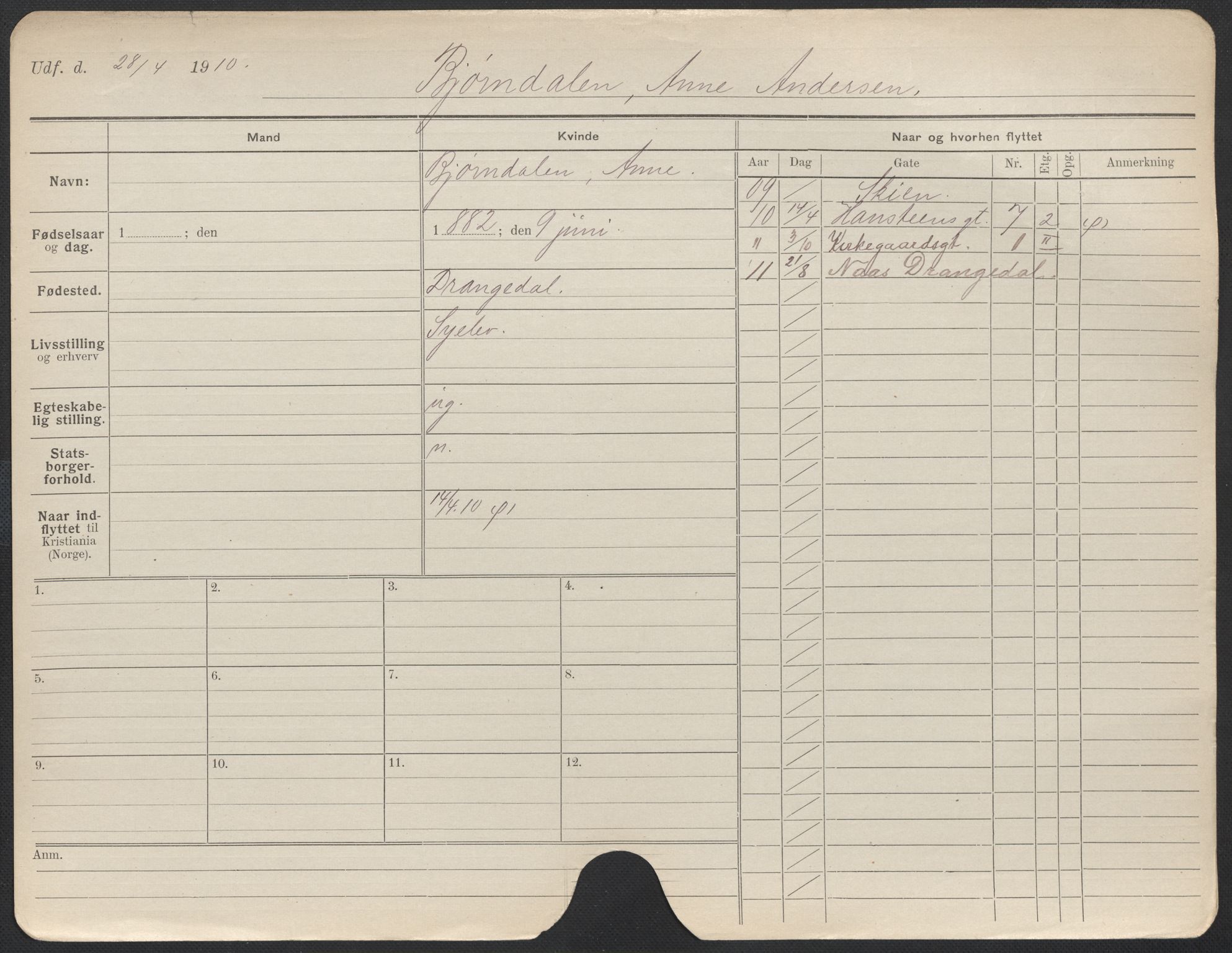 Oslo folkeregister, Registerkort, AV/SAO-A-11715/F/Fa/Fac/L0013: Kvinner, 1906-1914, p. 475a