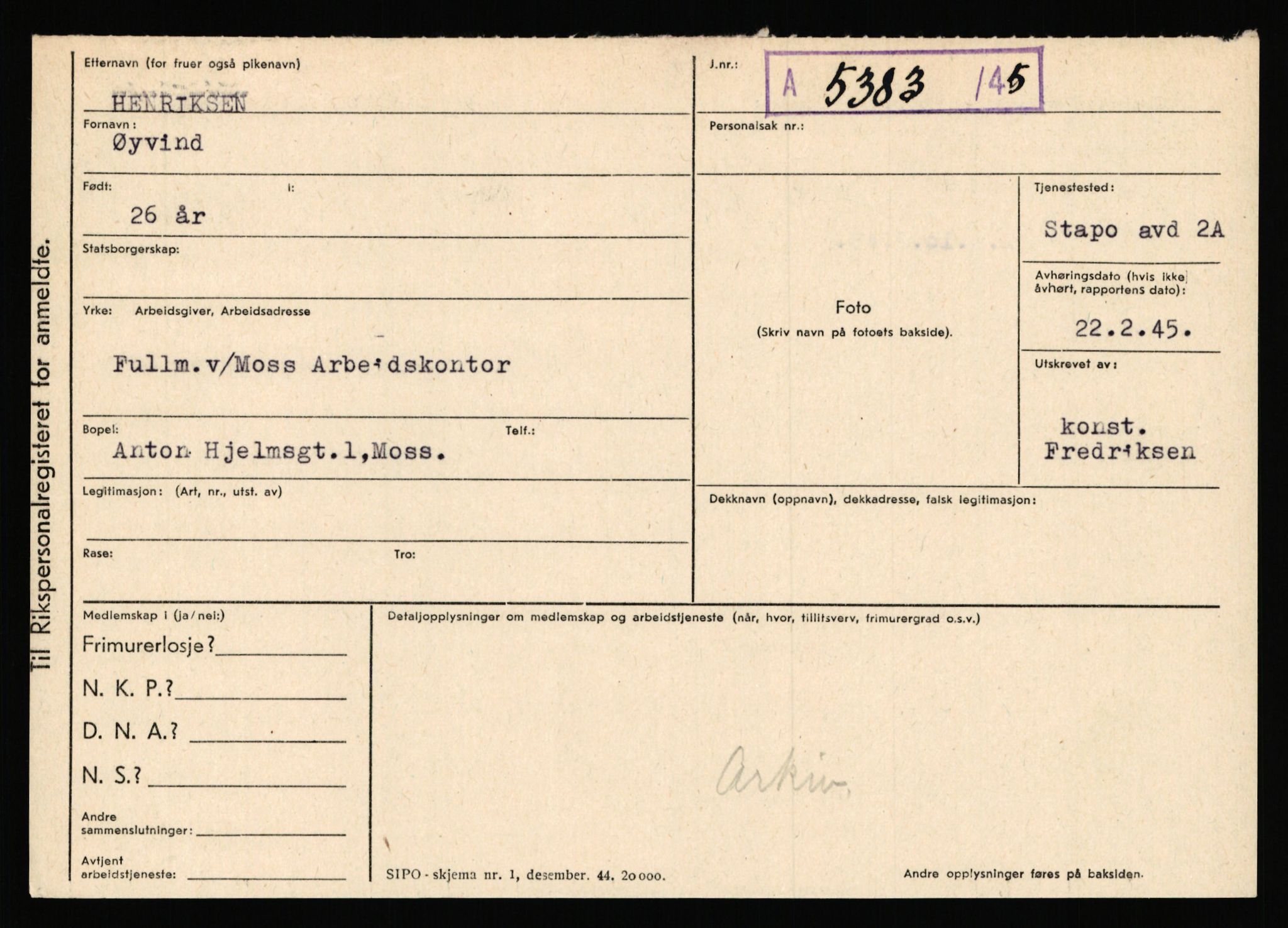 Statspolitiet - Hovedkontoret / Osloavdelingen, AV/RA-S-1329/C/Ca/L0006: Hanche - Hokstvedt, 1943-1945, p. 3821