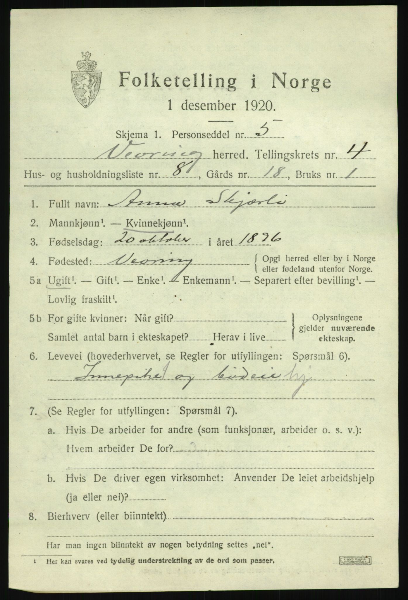 SAB, 1920 census for Vevring, 1920, p. 1410