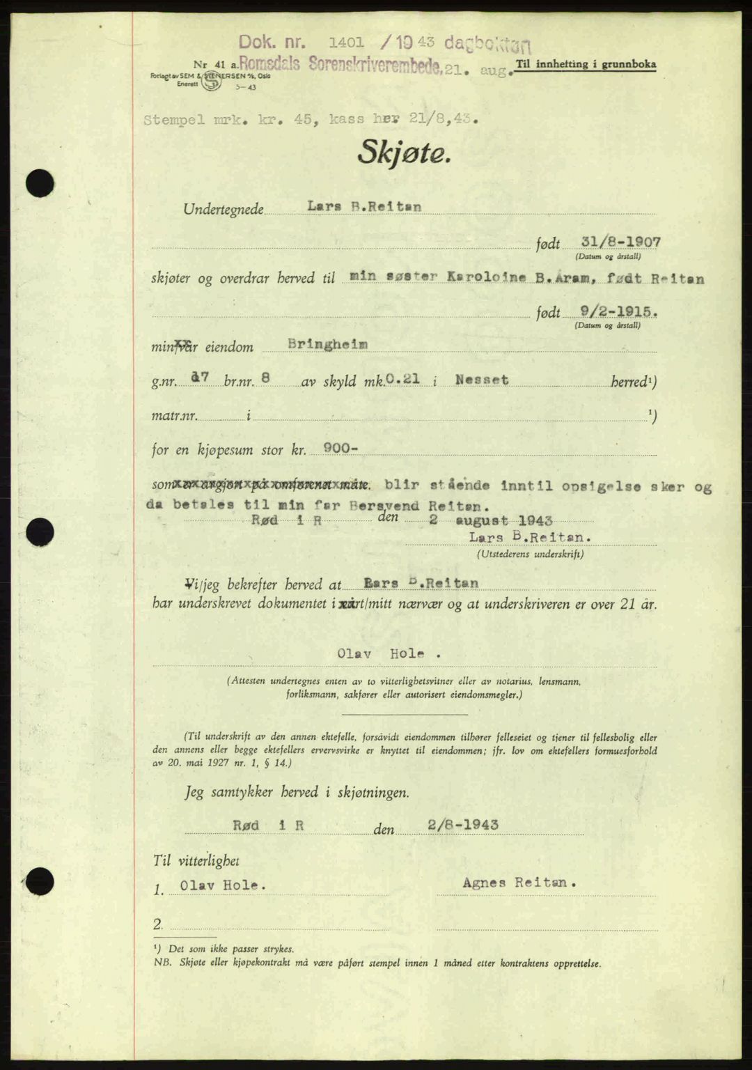 Romsdal sorenskriveri, AV/SAT-A-4149/1/2/2C: Mortgage book no. A14, 1943-1943, Diary no: : 1401/1943