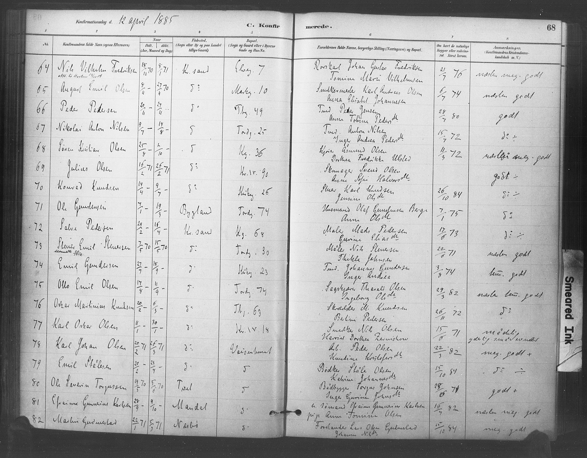 Kristiansand domprosti, SAK/1112-0006/F/Fa/L0018: Parish register (official) no. A 17, 1880-1892, p. 68