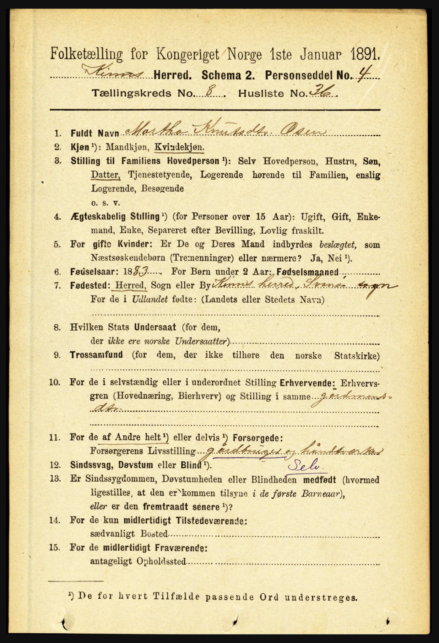 RA, 1891 census for 1437 Kinn, 1891, p. 3340