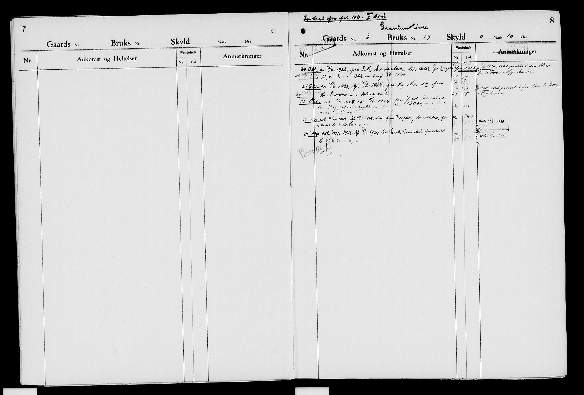 Nord-Hedmark sorenskriveri, SAH/TING-012/H/Ha/Had/Hade/L0007: Mortgage register no. 4.7, 1924-1940, p. 7-8