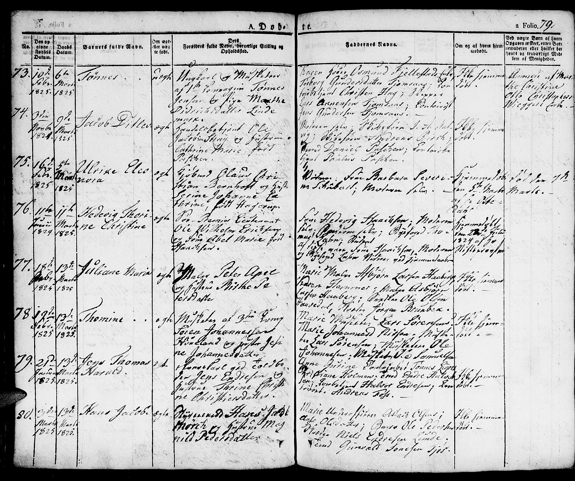 Kristiansand domprosti, SAK/1112-0006/F/Fa/L0009: Parish register (official) no. A 9, 1821-1827, p. 79