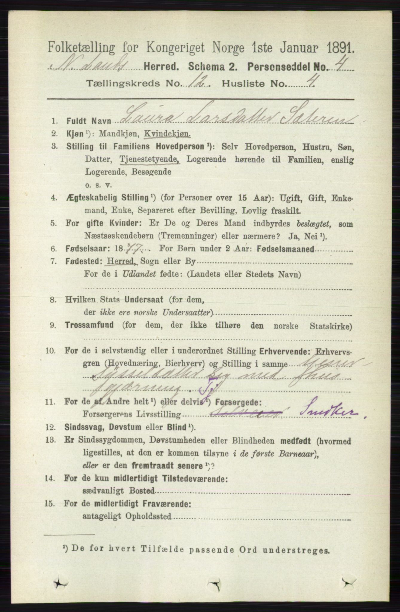 RA, 1891 census for 0538 Nordre Land, 1891, p. 3244