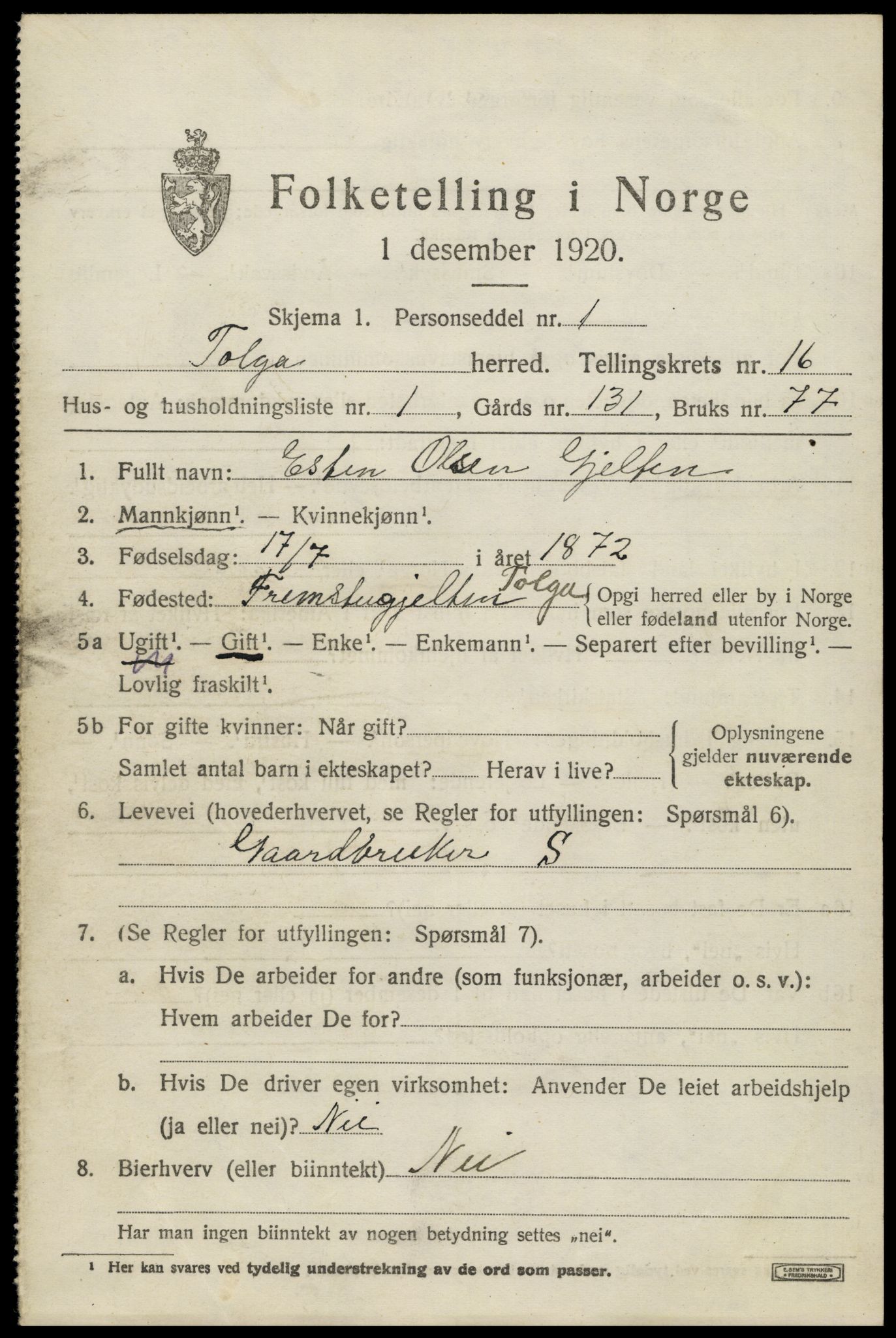 SAH, 1920 census for Tolga, 1920, p. 7377