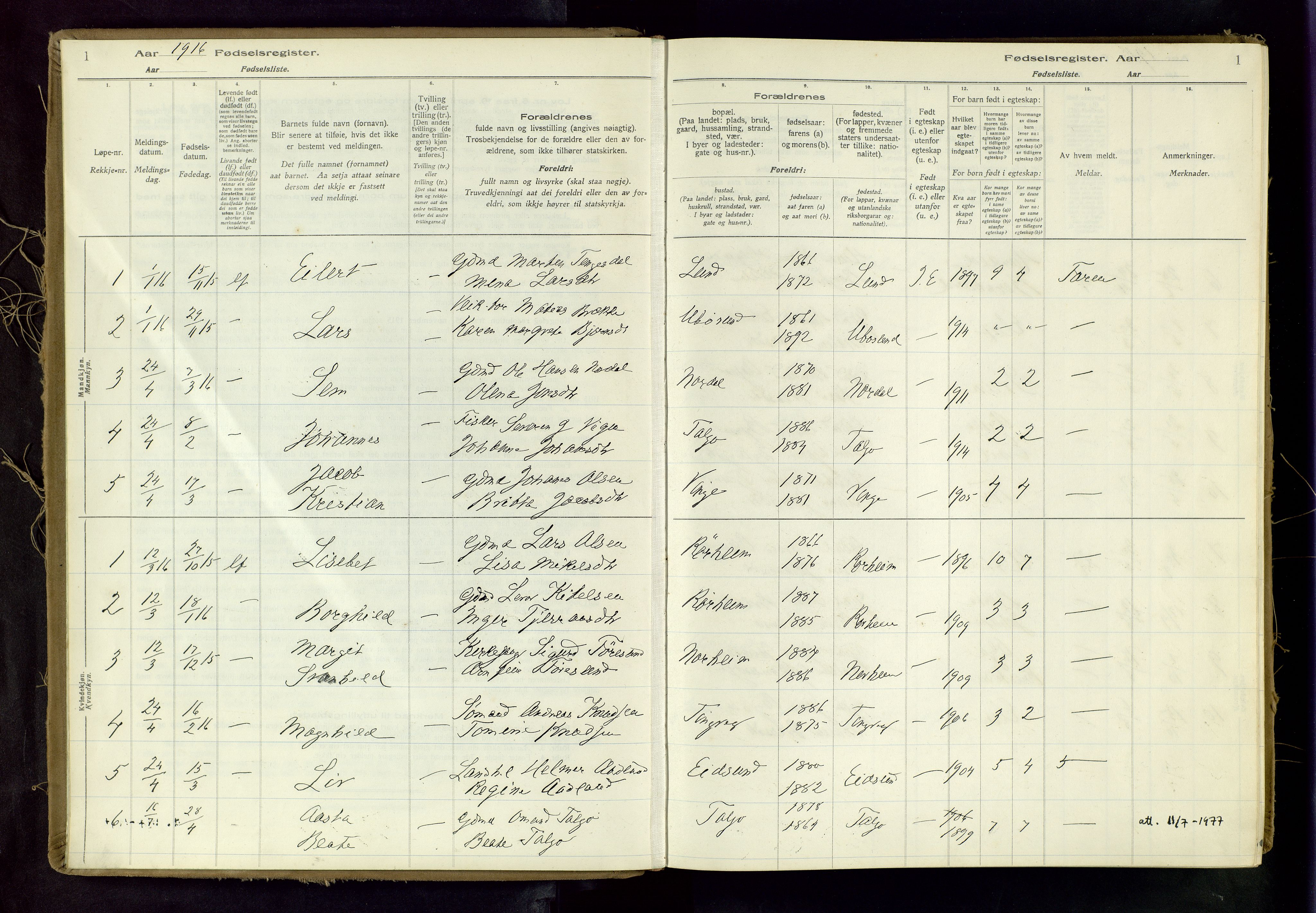 Nedstrand sokneprestkontor, SAST/A-101841/03/A/L0001: Birth register no. 1, 1916-1982, p. 1