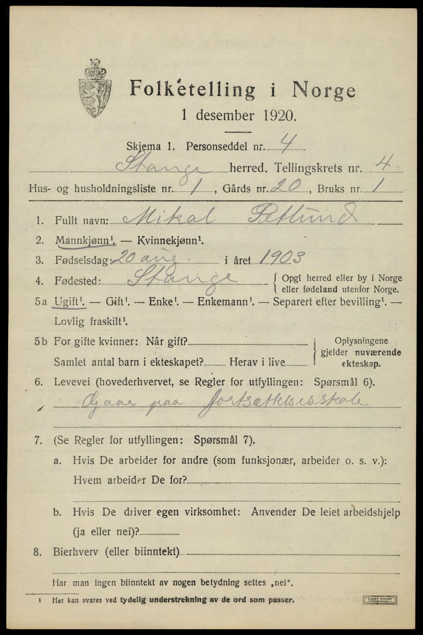 SAH, 1920 census for Stange, 1920, p. 6599