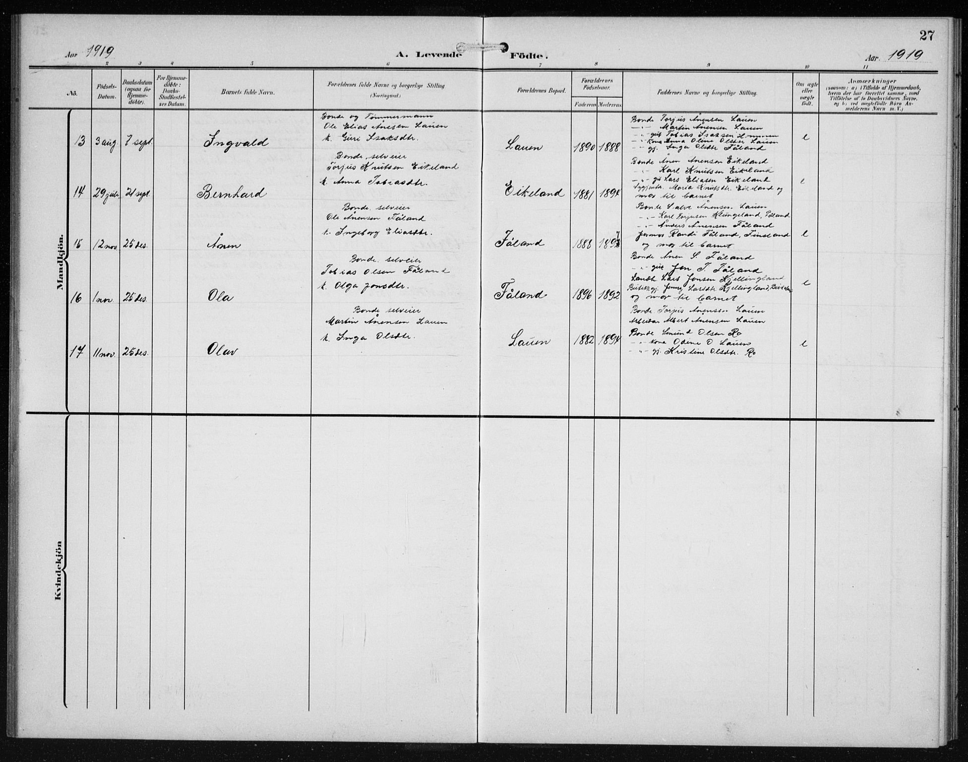 Hægebostad sokneprestkontor, AV/SAK-1111-0024/F/Fb/Fba/L0005: Parish register (copy) no. B 5, 1907-1931, p. 27