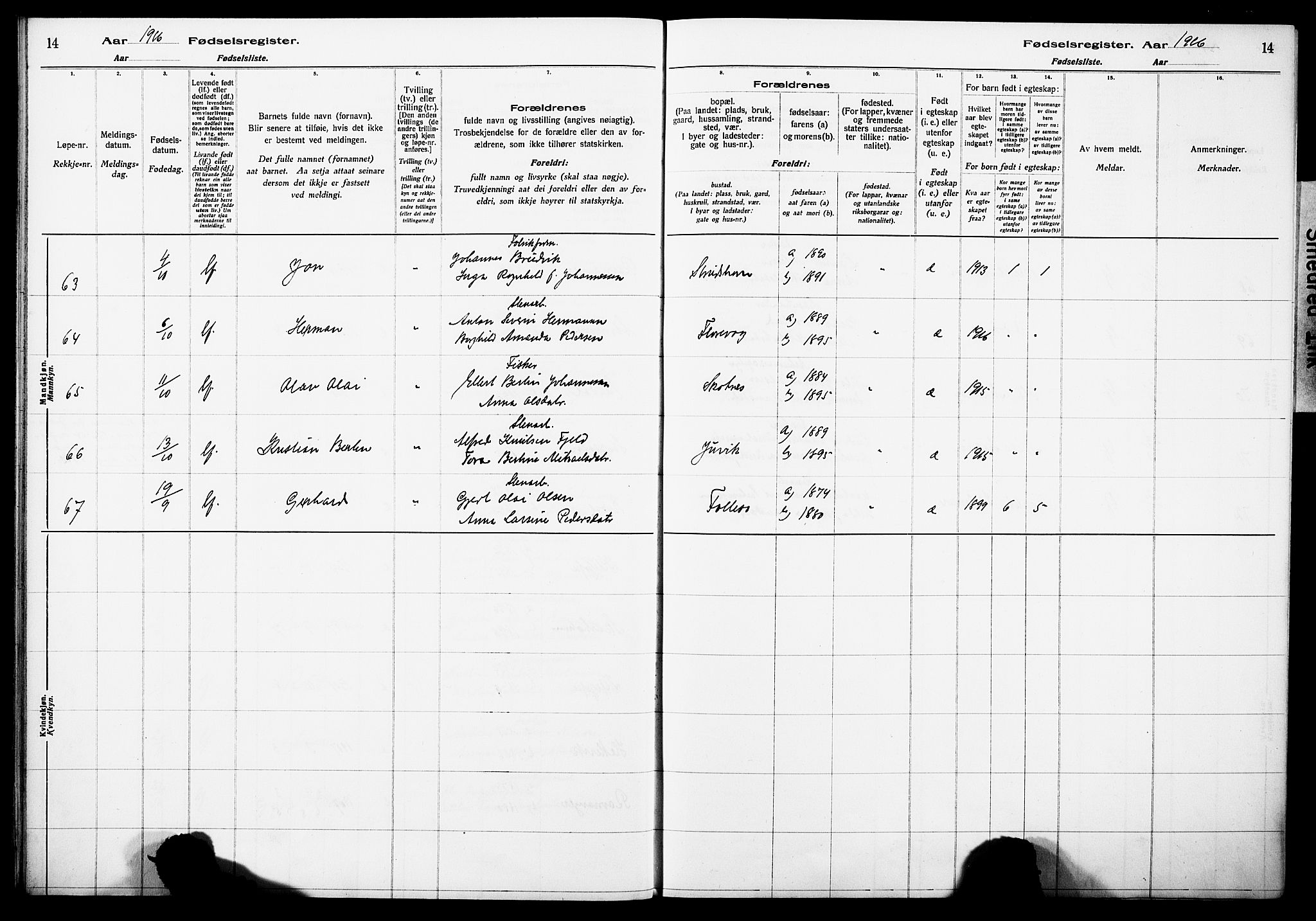 Askøy Sokneprestembete, AV/SAB-A-74101/I/Id/L00A1: Birth register no. A 1, 1916-1928, p. 14