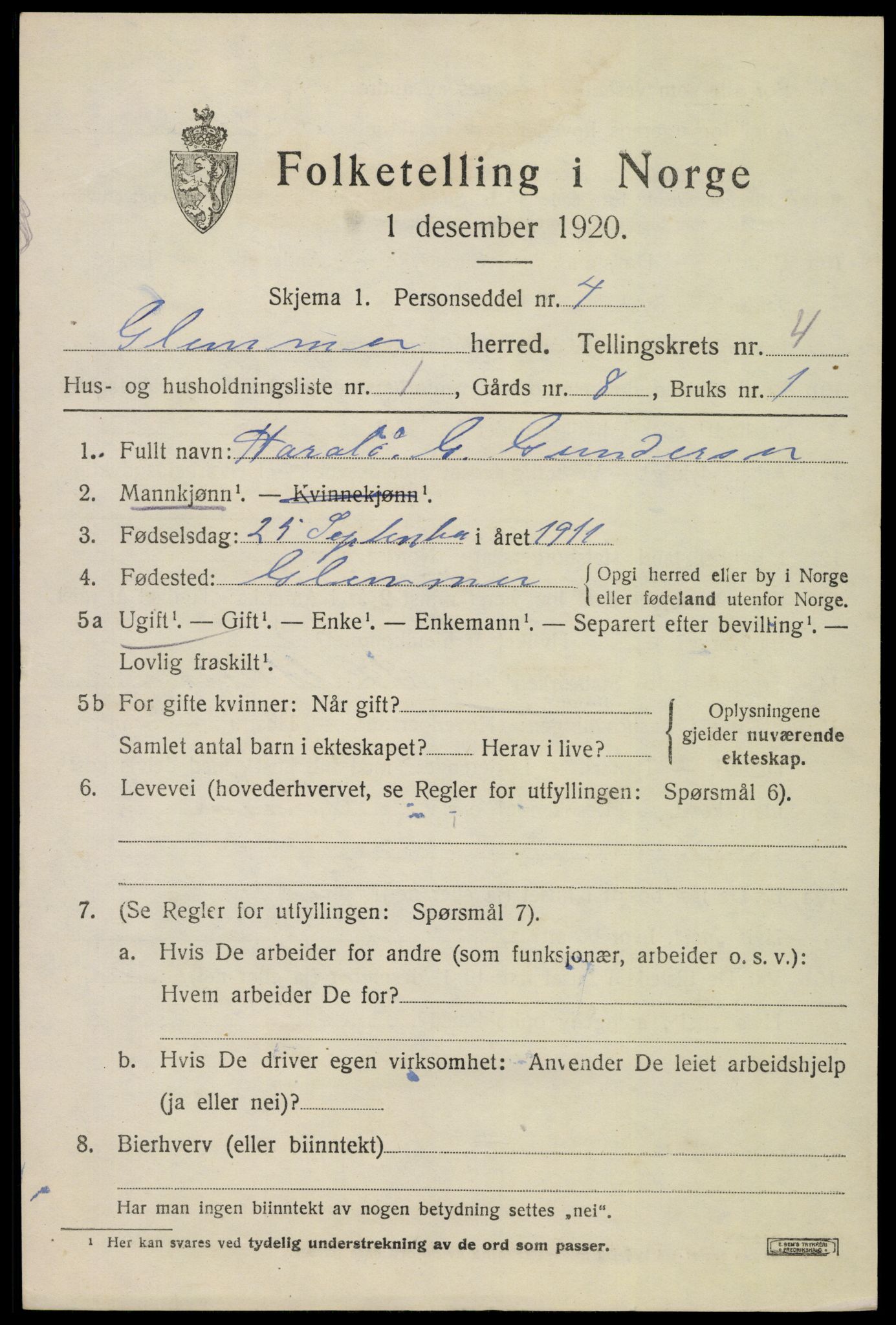 SAO, 1920 census for Glemmen, 1920, p. 15007