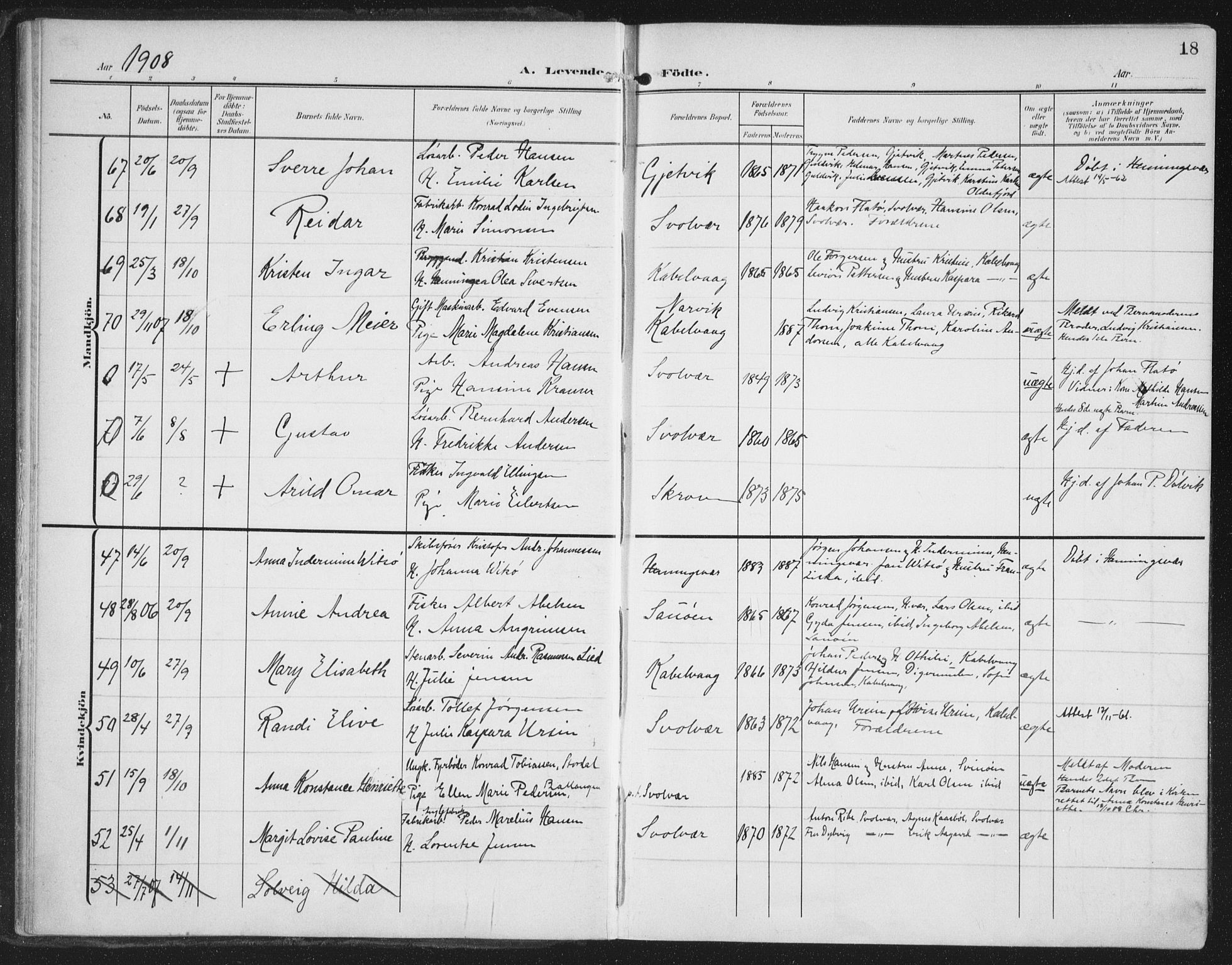 Ministerialprotokoller, klokkerbøker og fødselsregistre - Nordland, AV/SAT-A-1459/874/L1063: Parish register (official) no. 874A07, 1907-1915, p. 18