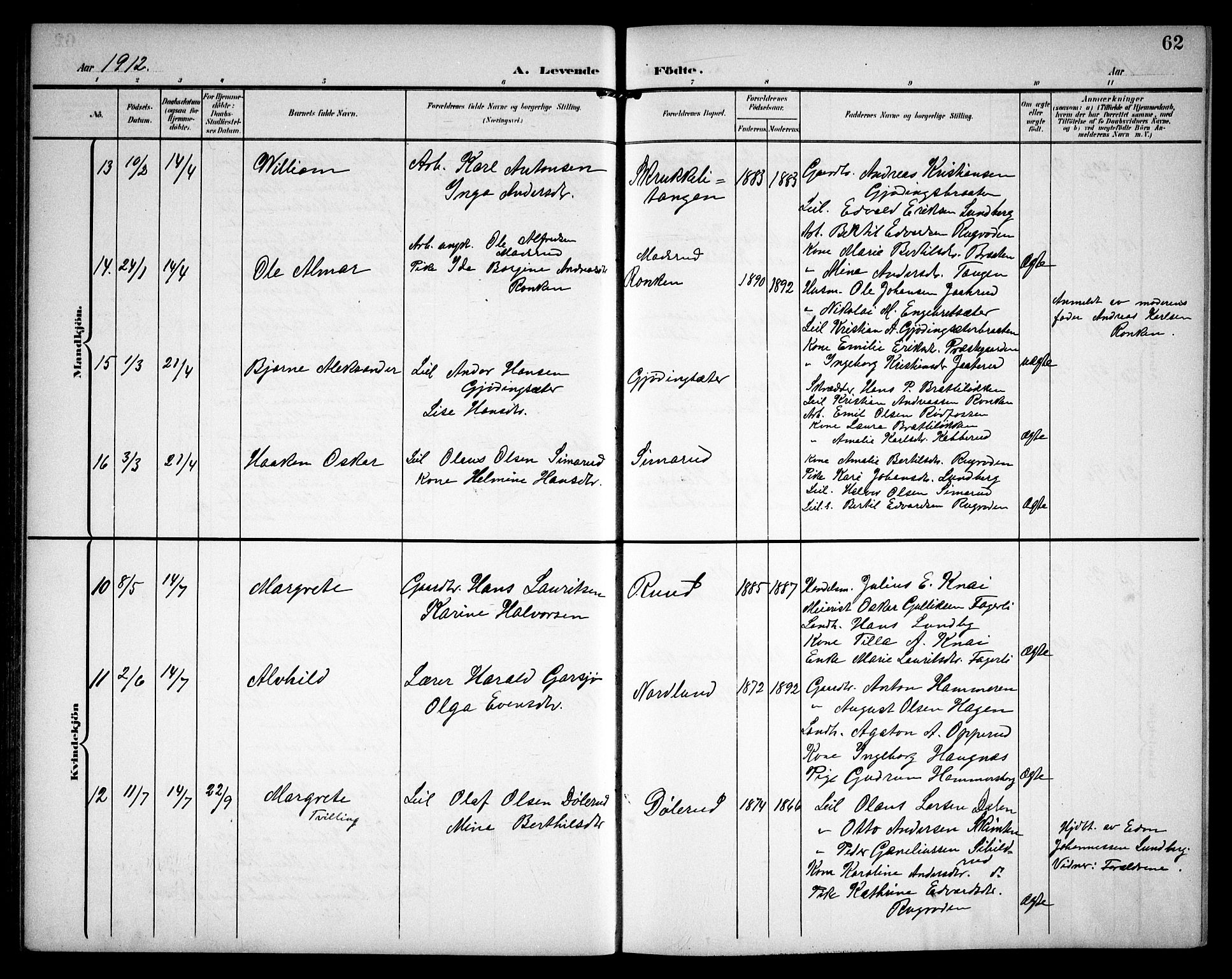 Hurdal prestekontor Kirkebøker, AV/SAO-A-10889/G/Ga/L0001: Parish register (copy) no. I 1, 1902-1934, p. 62