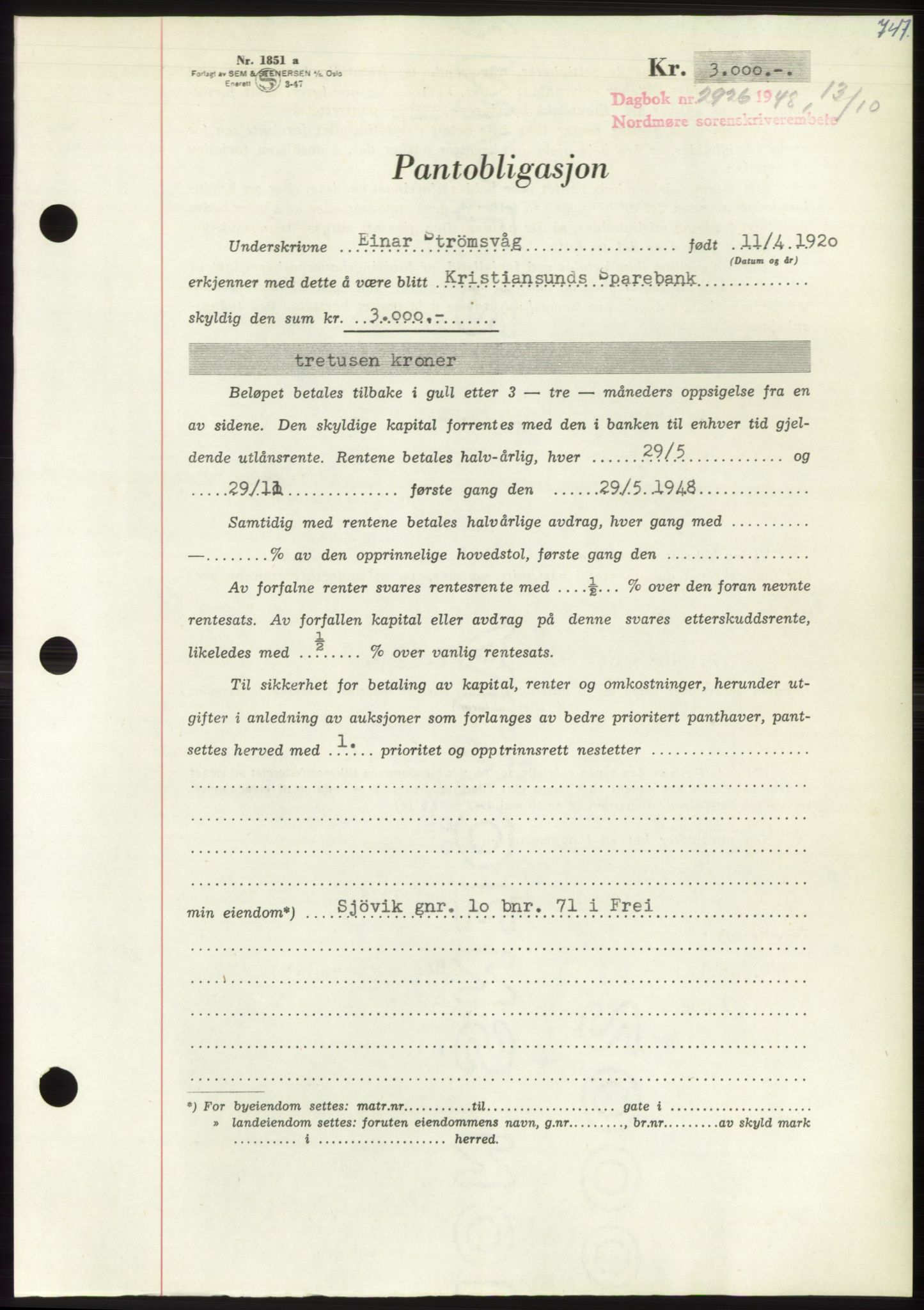 Nordmøre sorenskriveri, AV/SAT-A-4132/1/2/2Ca: Mortgage book no. B99, 1948-1948, Diary no: : 2926/1948