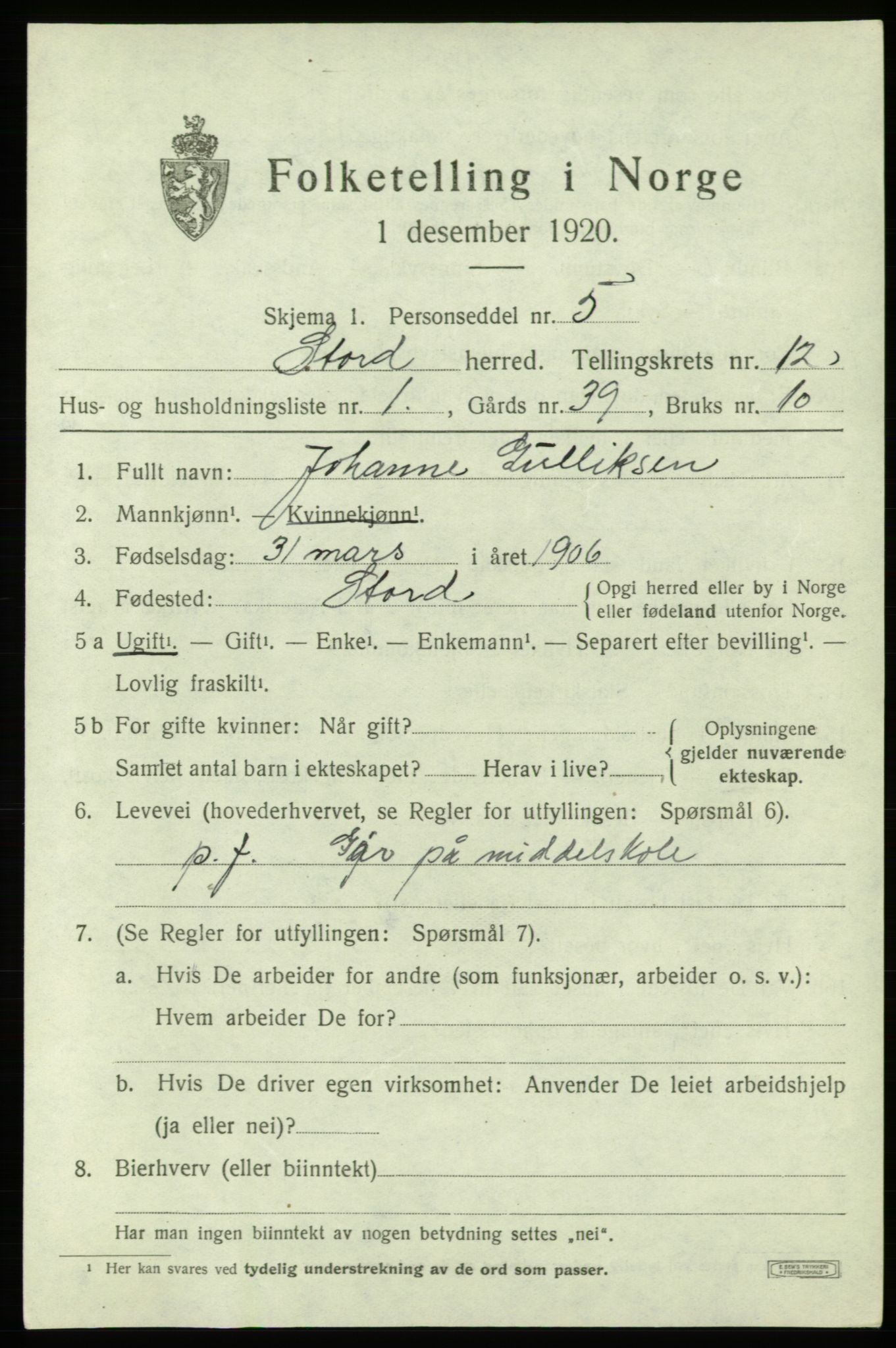 SAB, 1920 census for Stord, 1920, p. 7005