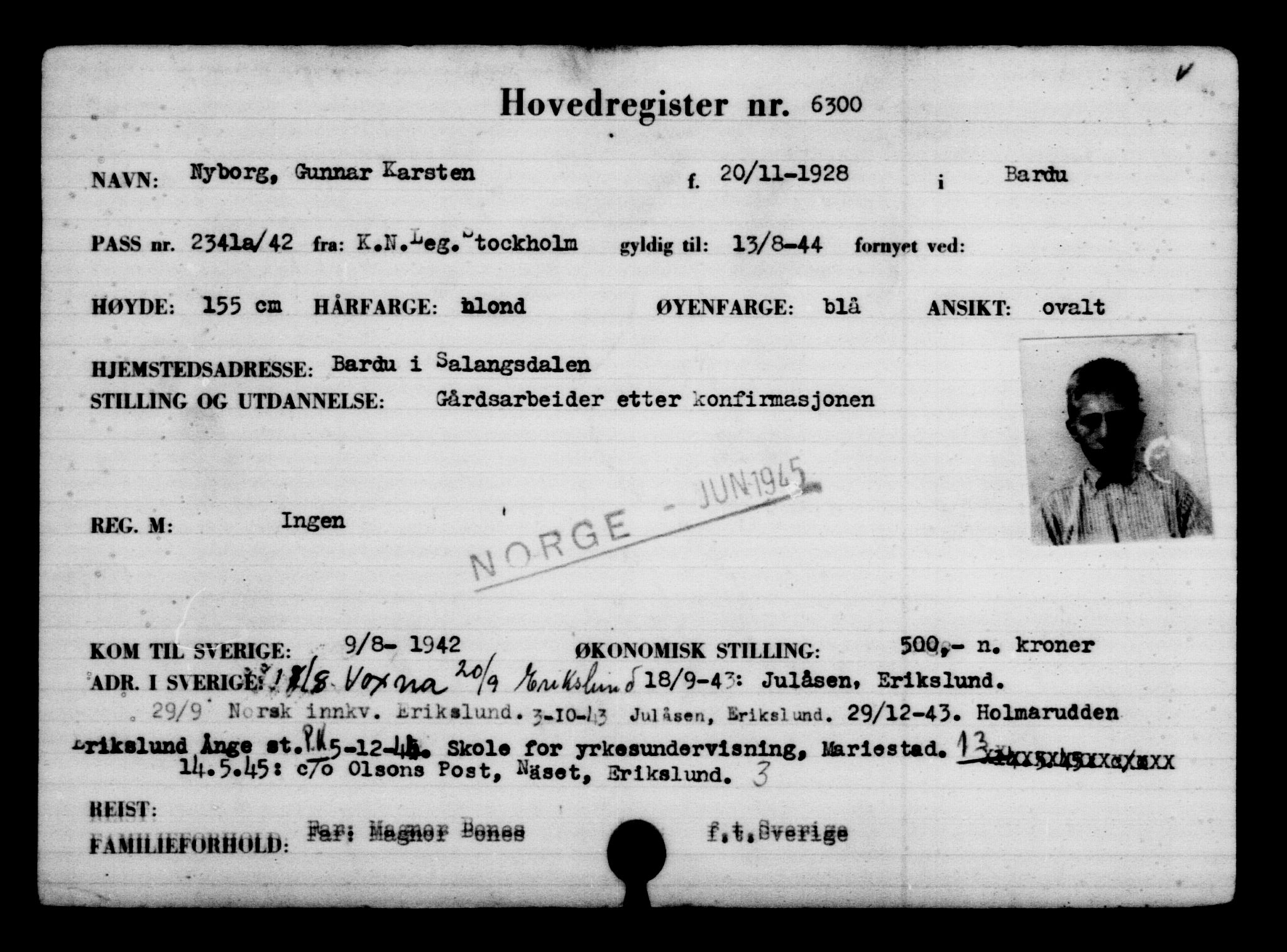 Utenriksstasjonene, Legasjonen i Stockholm, Flyktningkontoret, AV/RA-S-6753/V/Va/L0004: Kjesäterkartoteket, flyktninger med registreringsnr. 3496-6610, 1940-1945, p. 3310