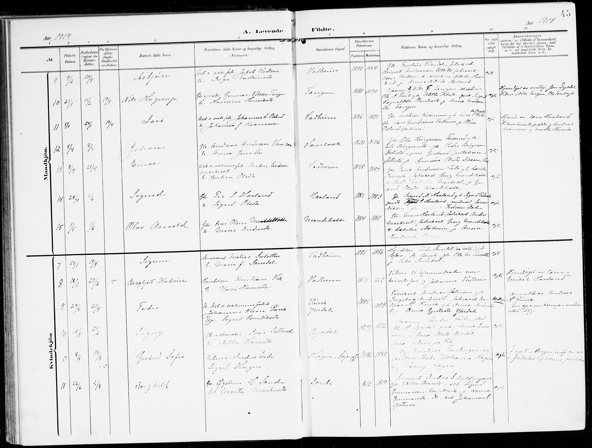 Lavik sokneprestembete, AV/SAB-A-80901: Parish register (official) no. C 2, 1904-1921, p. 45