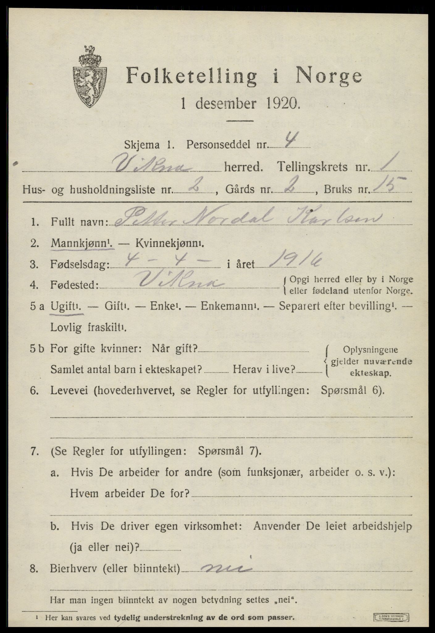 SAT, 1920 census for Vikna, 1920, p. 1165