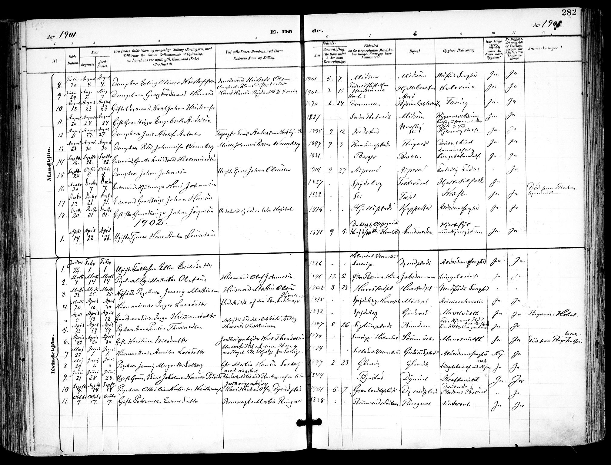 Kråkstad prestekontor Kirkebøker, SAO/A-10125a/F/Fa/L0010: Parish register (official) no. I 10, 1893-1931, p. 282