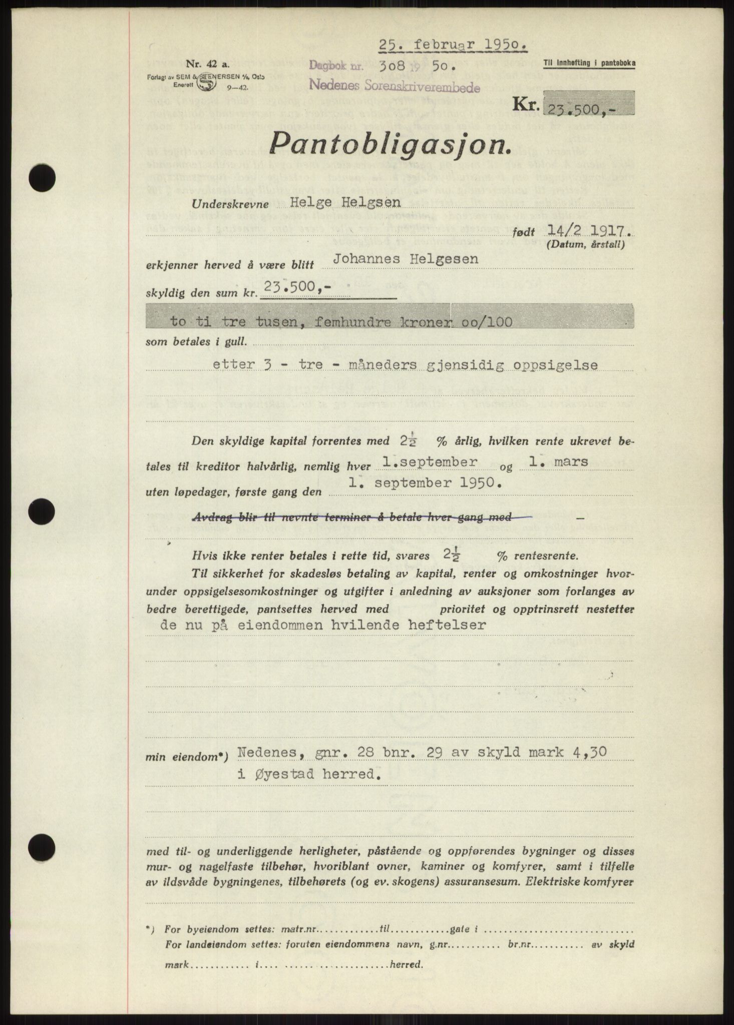 Nedenes sorenskriveri, AV/SAK-1221-0006/G/Gb/Gbb/L0007: Mortgage book no. B7, 1949-1950, Diary no: : 308/1950