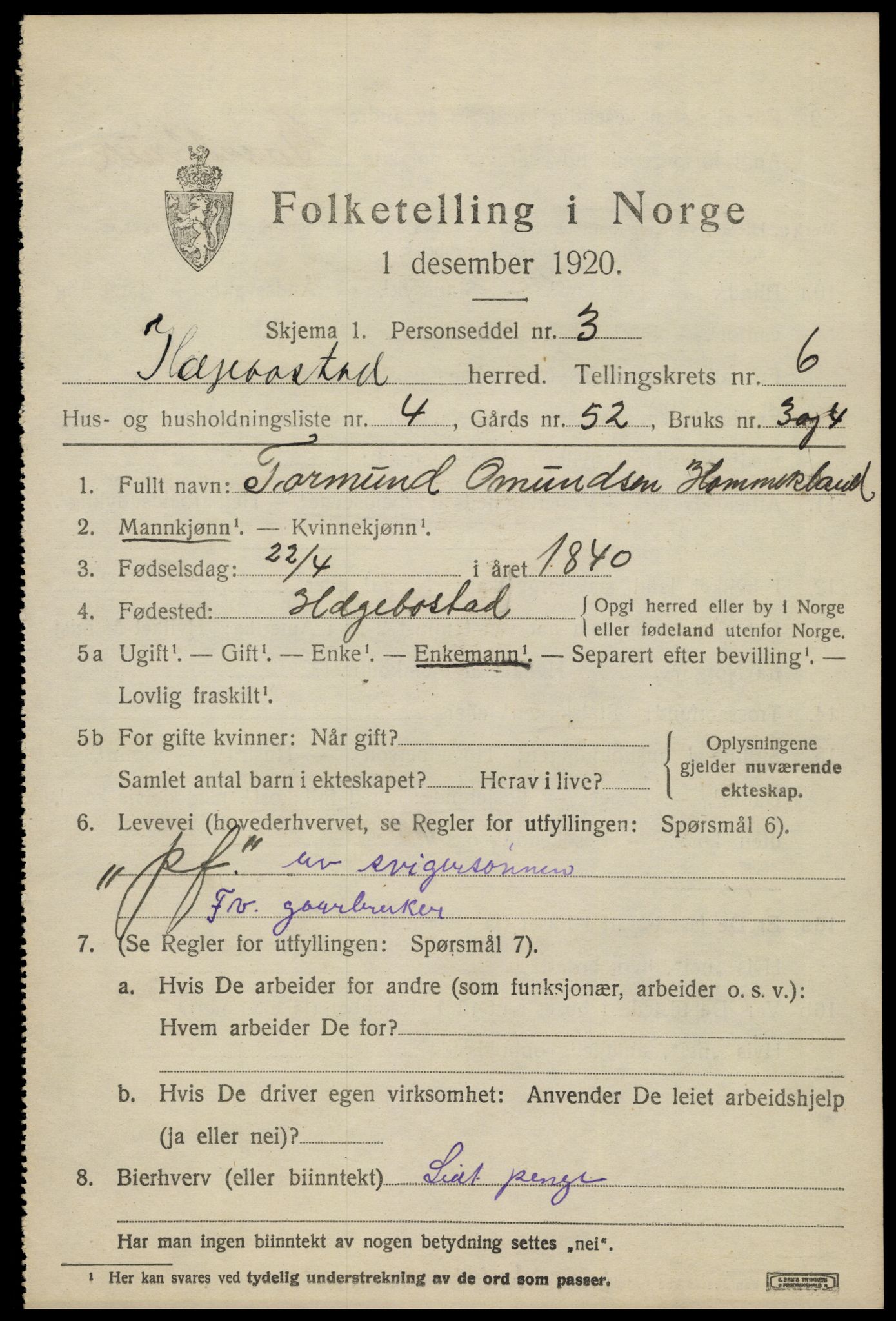 SAK, 1920 census for Hægebostad, 1920, p. 2019