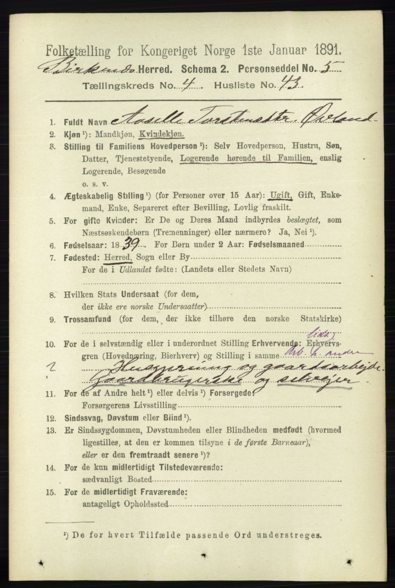 RA, 1891 Census for 0928 Birkenes, 1891, p. 1486