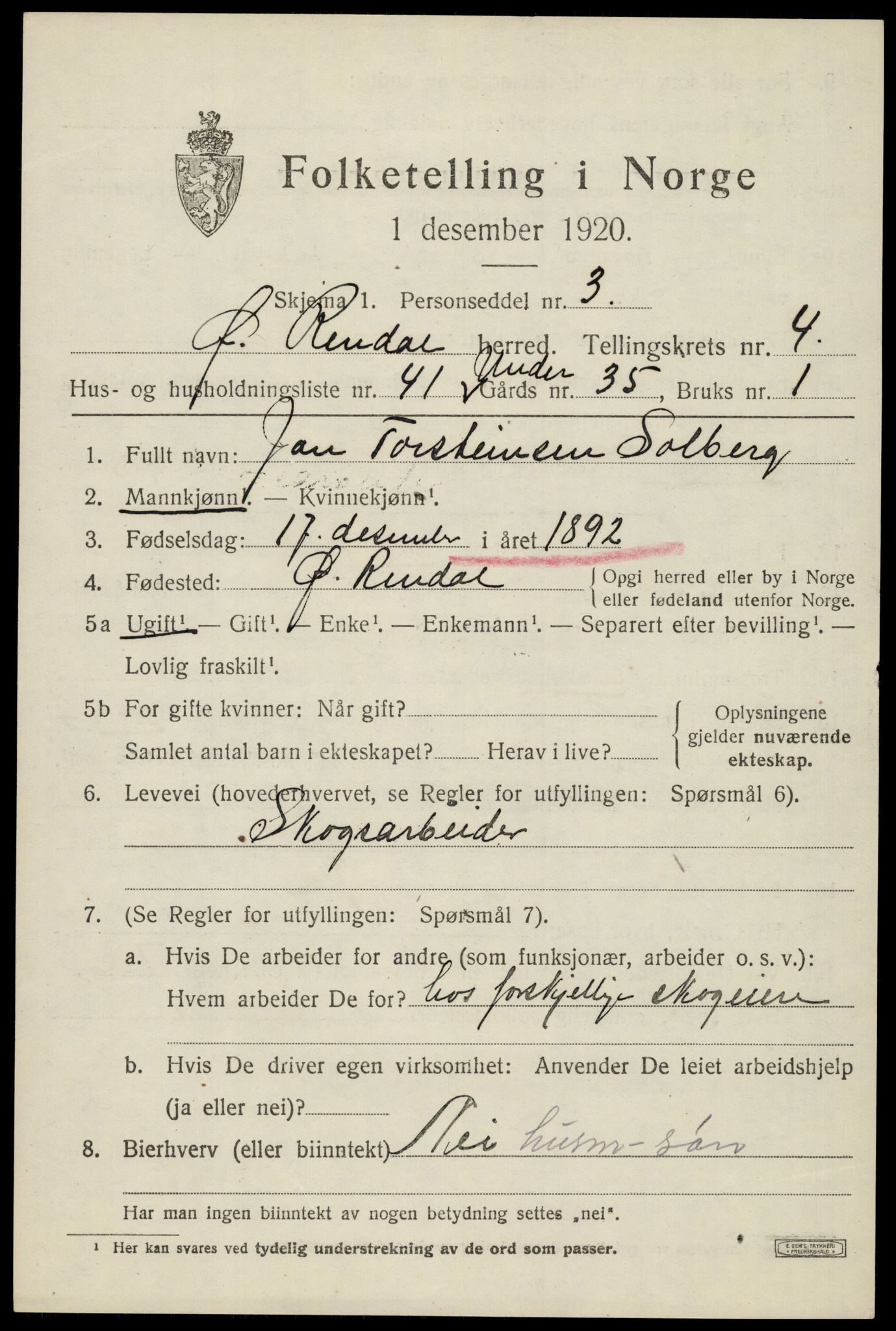 SAH, 1920 census for Øvre Rendal, 1920, p. 2041