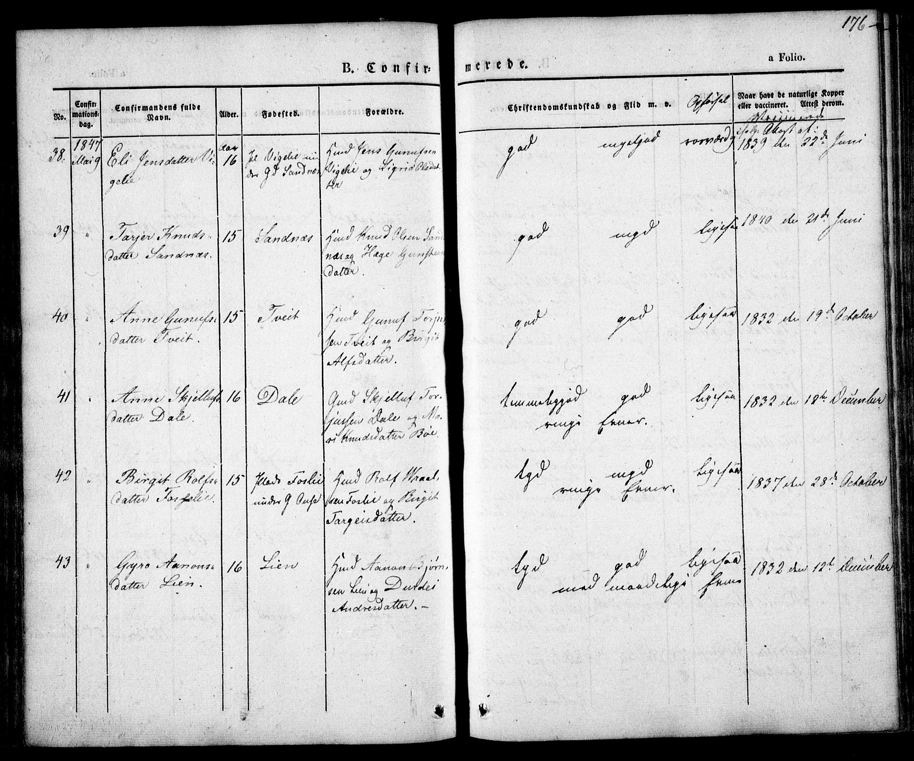 Bygland sokneprestkontor, AV/SAK-1111-0006/F/Fa/Fab/L0004: Parish register (official) no. A 4, 1842-1858, p. 176