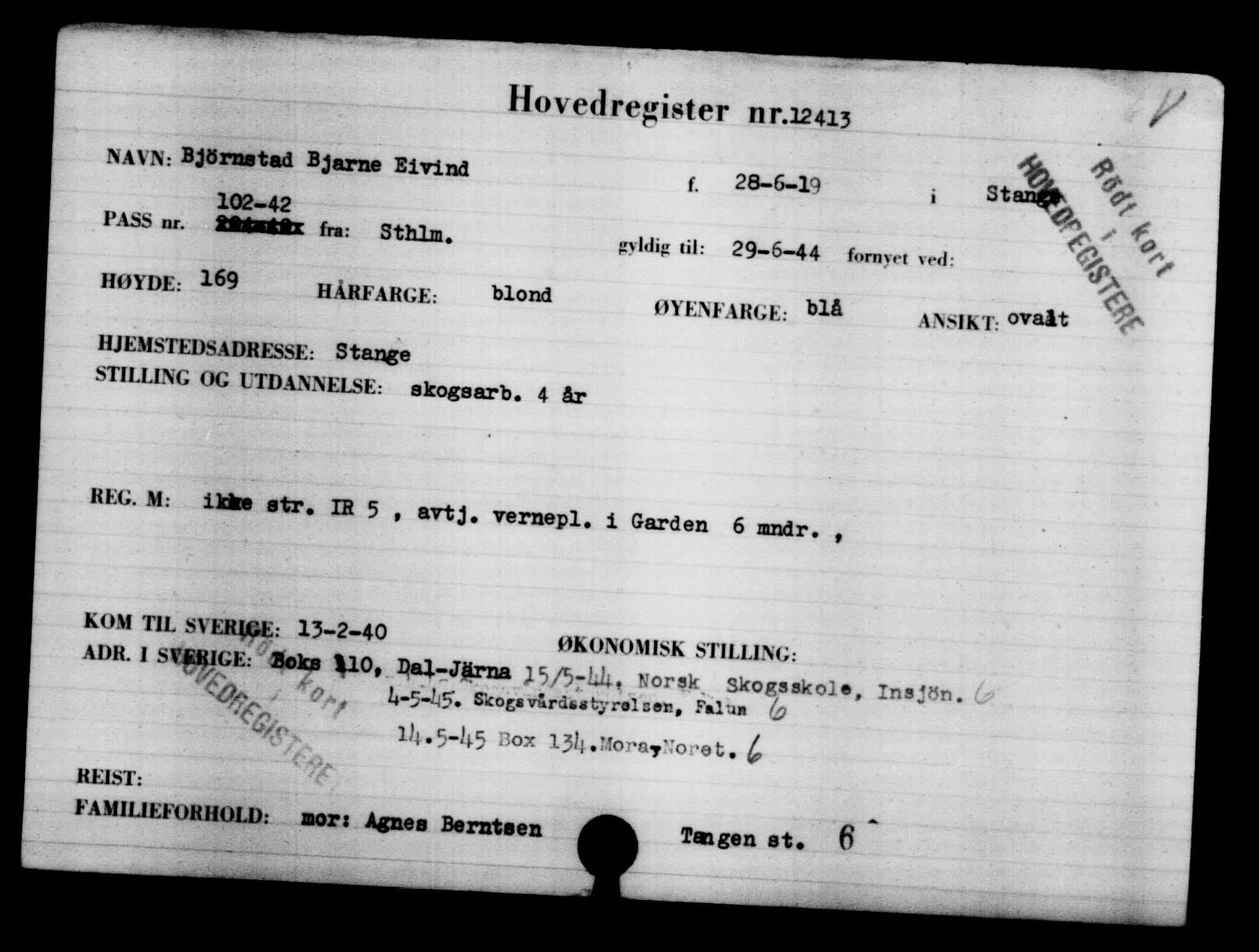 Utenriksstasjonene, Legasjonen i Stockholm, Flyktningkontoret, AV/RA-S-6753/V/Va/L0006: Kjesäterkartoteket, flyktninger med registreringsnr. 9400-12711, 1940-1945, p. 3440