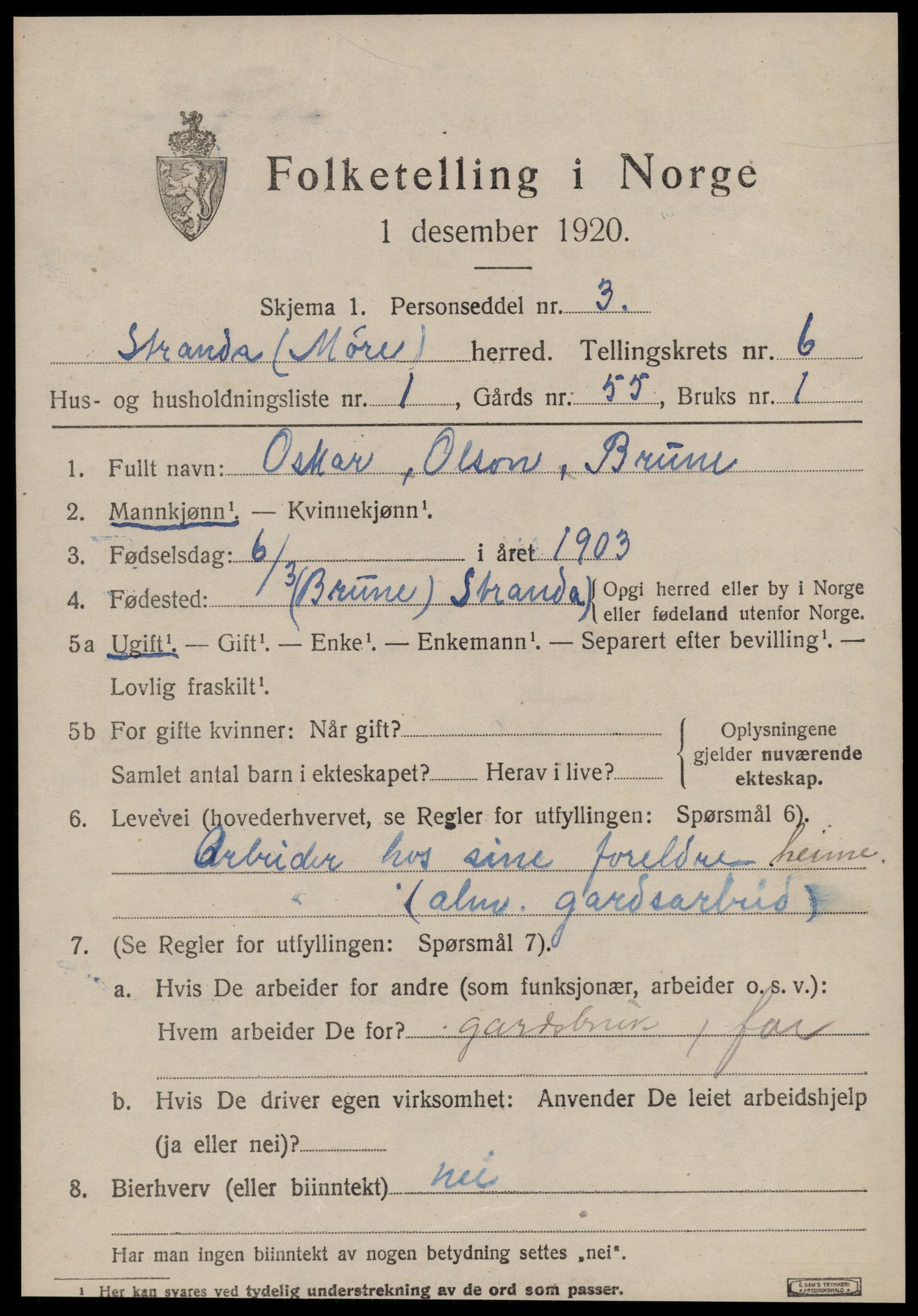 SAT, 1920 census for Stranda, 1920, p. 3575