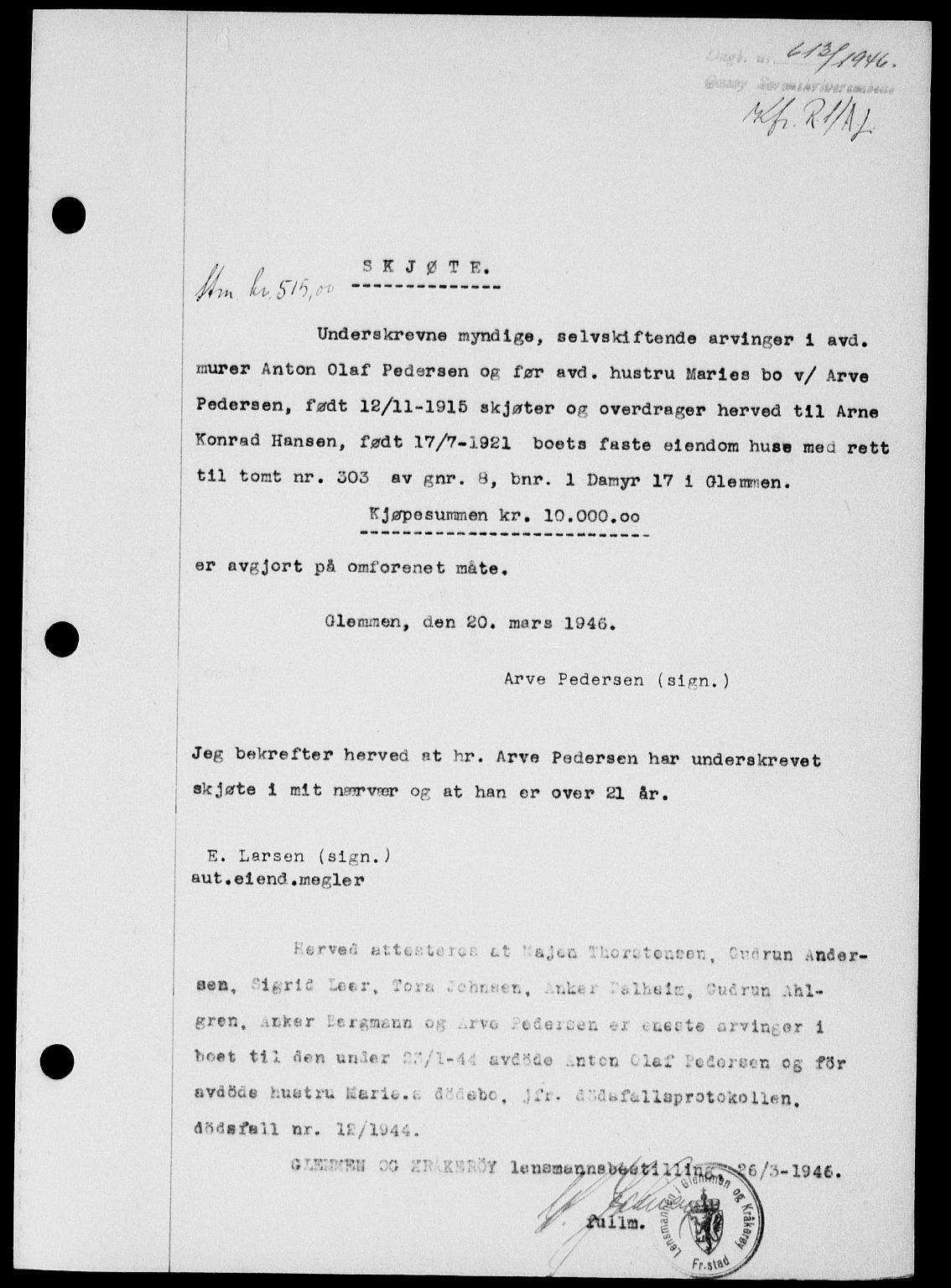 Onsøy sorenskriveri, SAO/A-10474/G/Ga/Gab/L0015: Mortgage book no. II A-15, 1945-1946, Diary no: : 613/1946