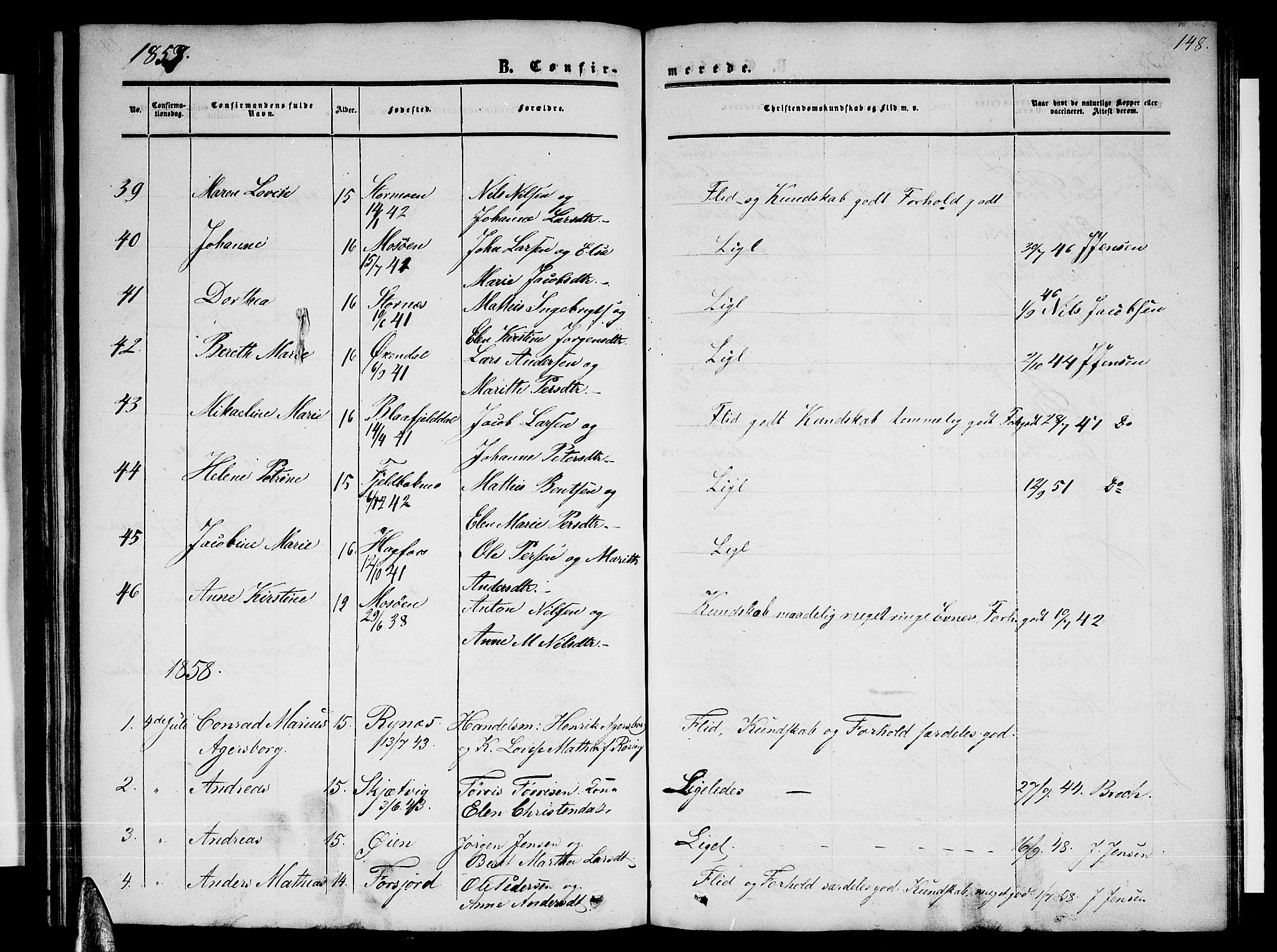 Ministerialprotokoller, klokkerbøker og fødselsregistre - Nordland, SAT/A-1459/820/L0301: Parish register (copy) no. 820C03, 1851-1858, p. 148