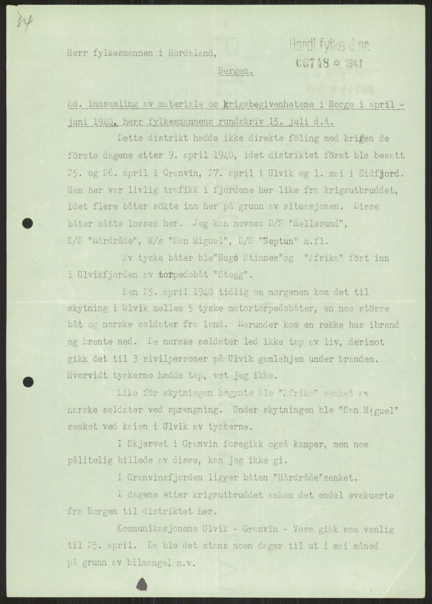 Forsvaret, Forsvarets krigshistoriske avdeling, RA/RAFA-2017/Y/Ya/L0015: II-C-11-31 - Fylkesmenn.  Rapporter om krigsbegivenhetene 1940., 1940, p. 429