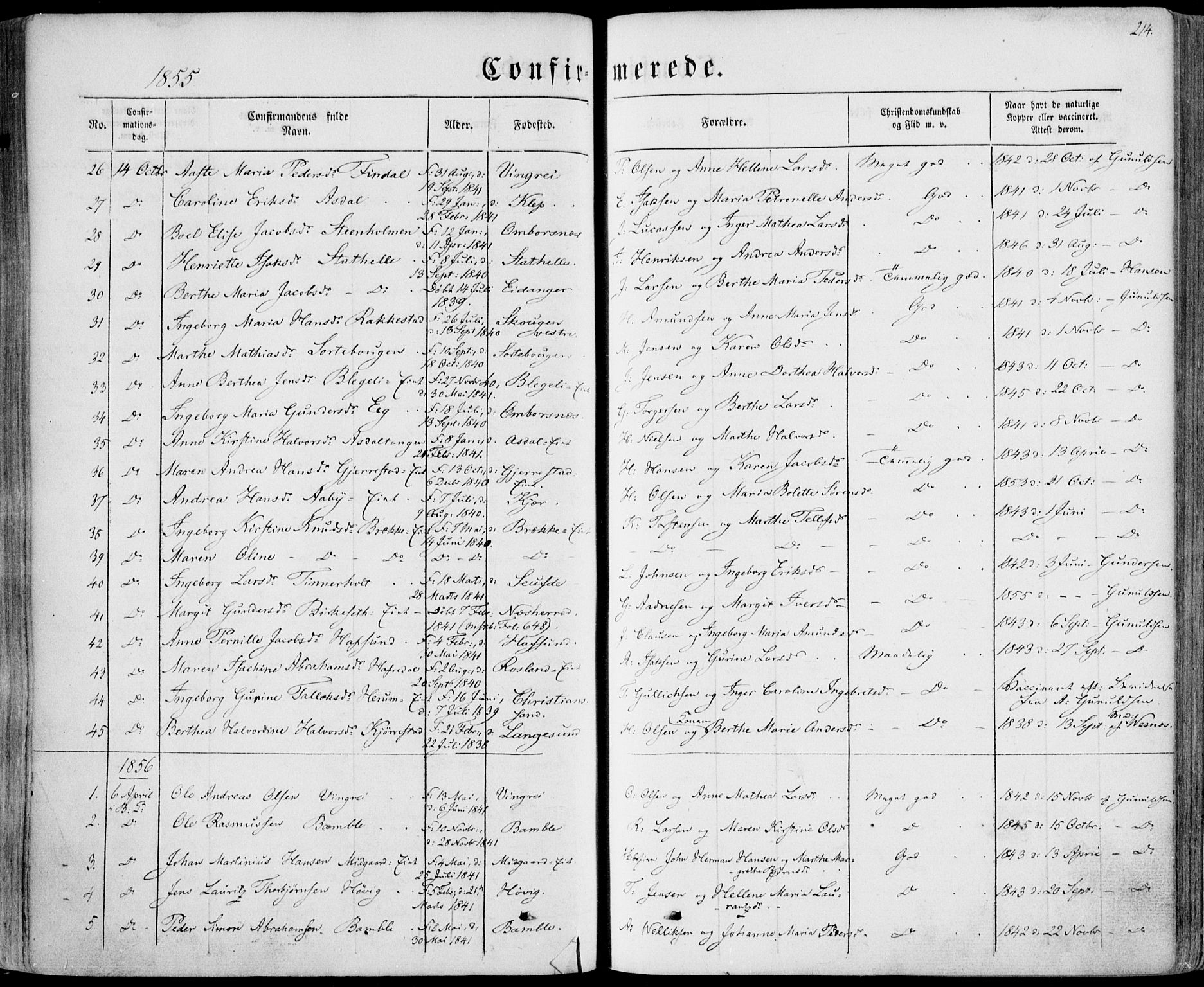 Bamble kirkebøker, SAKO/A-253/F/Fa/L0005: Parish register (official) no. I 5, 1854-1869, p. 214