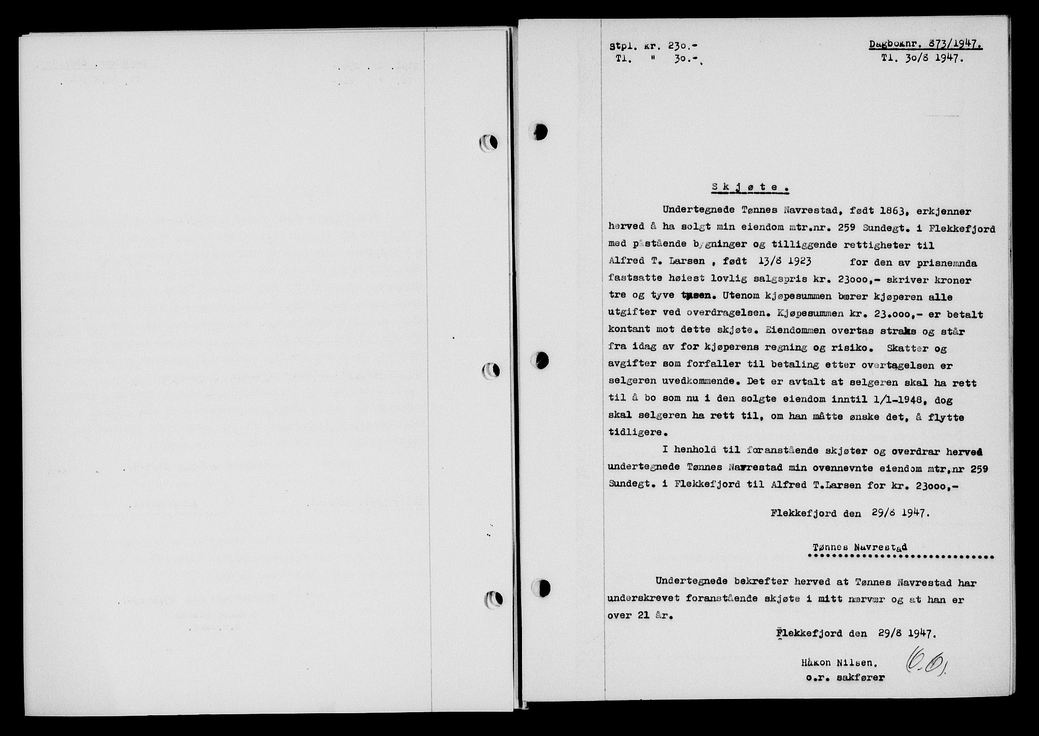 Flekkefjord sorenskriveri, SAK/1221-0001/G/Gb/Gba/L0062: Mortgage book no. A-10, 1947-1947, Diary no: : 873/1947