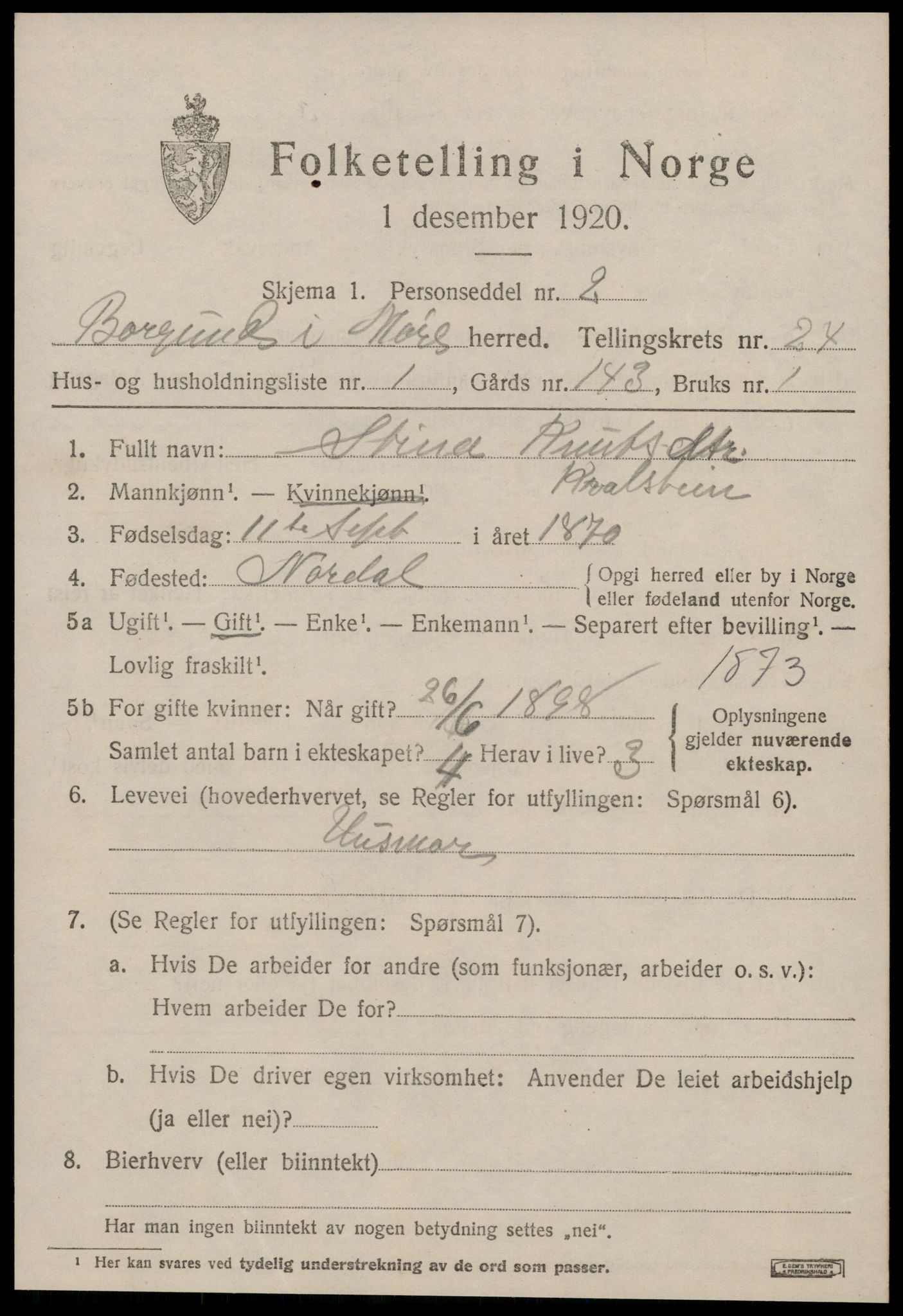 SAT, 1920 census for Borgund, 1920, p. 16516