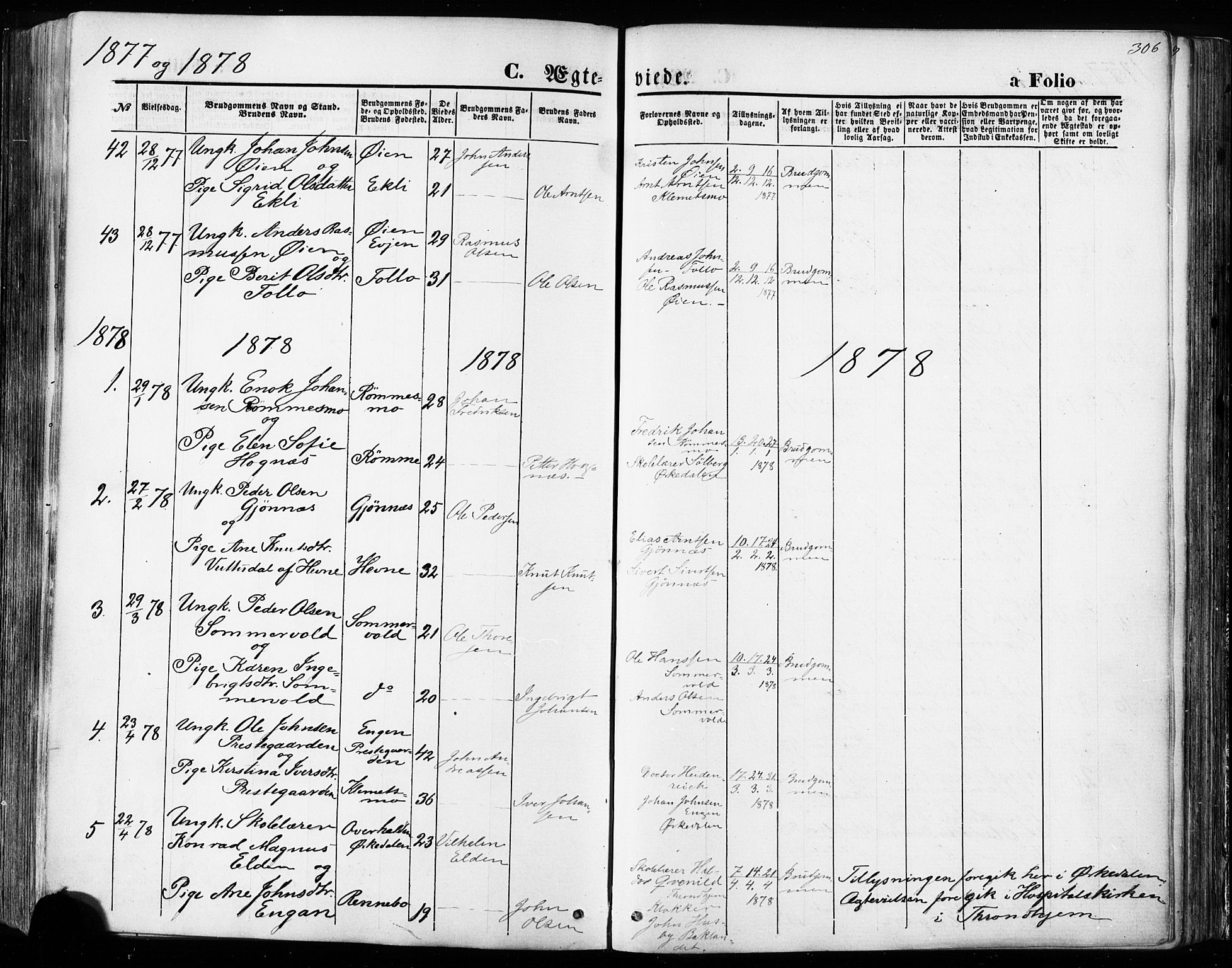 Ministerialprotokoller, klokkerbøker og fødselsregistre - Sør-Trøndelag, AV/SAT-A-1456/668/L0807: Parish register (official) no. 668A07, 1870-1880, p. 306