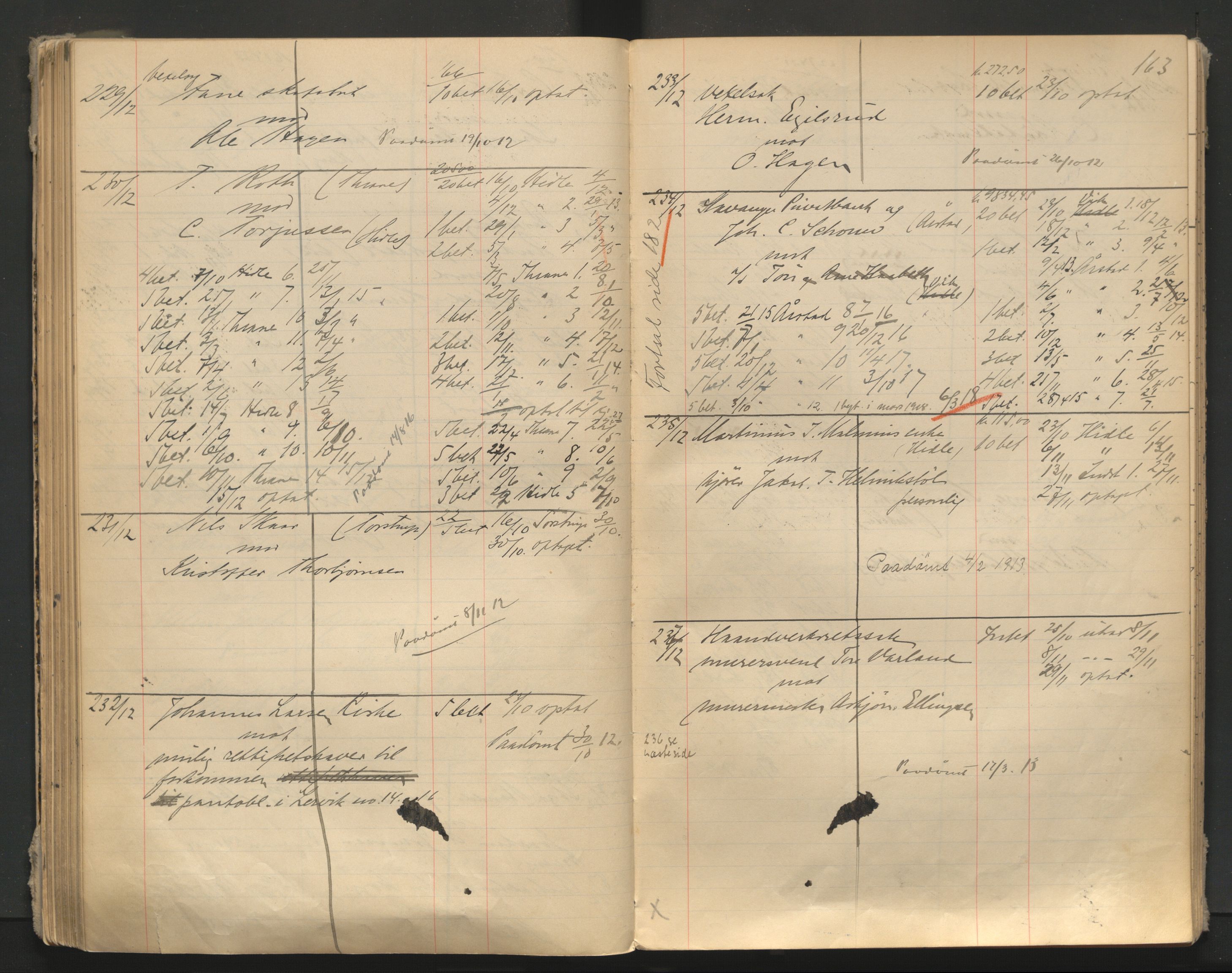 Stavanger byfogd, AV/SAST-A-101408/001/3/32/32A/L0005: Saksliste for Stavanger byting, 1910-1914, p. 162-163