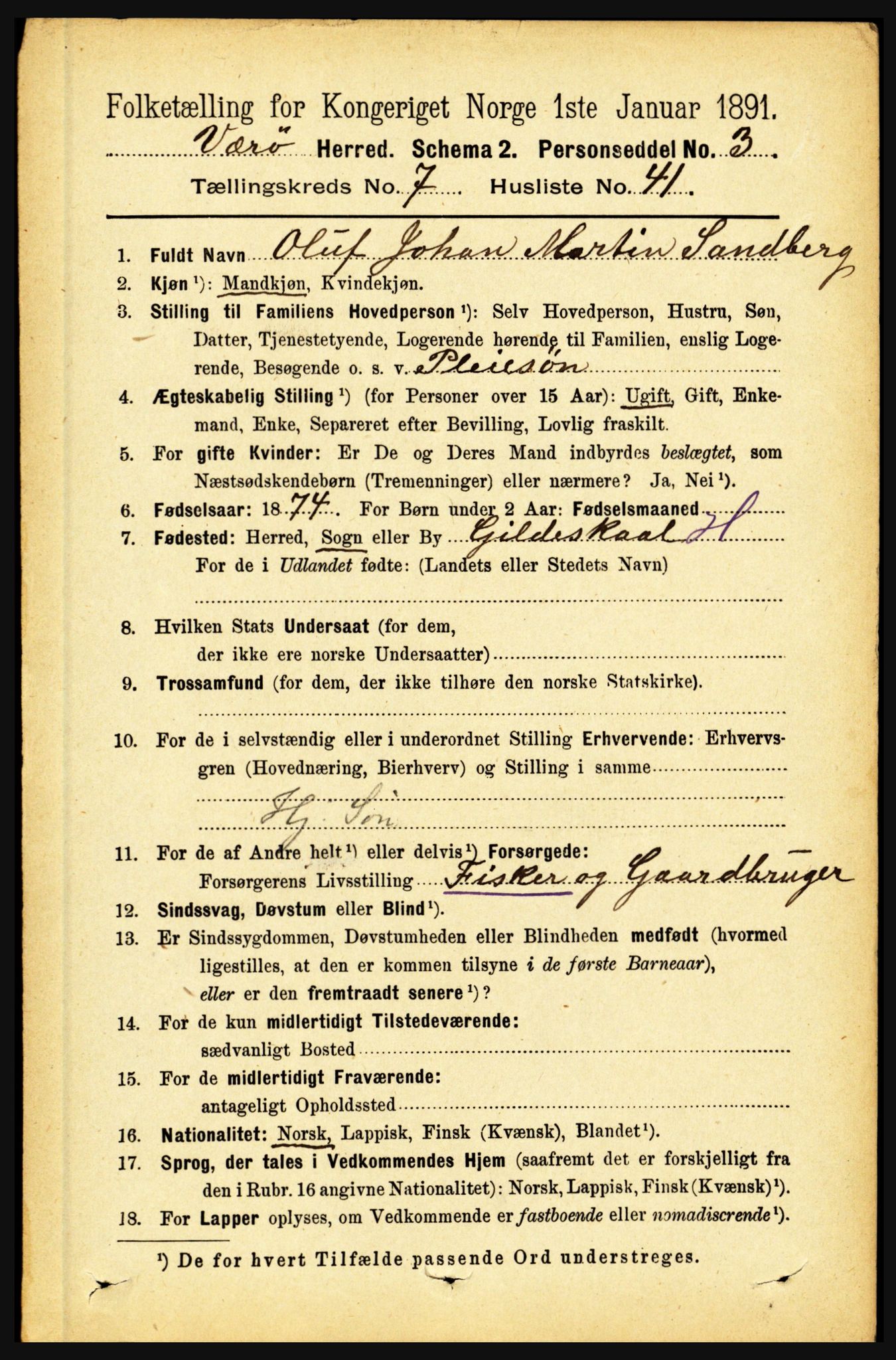 RA, 1891 census for 1857 Værøy, 1891, p. 1022