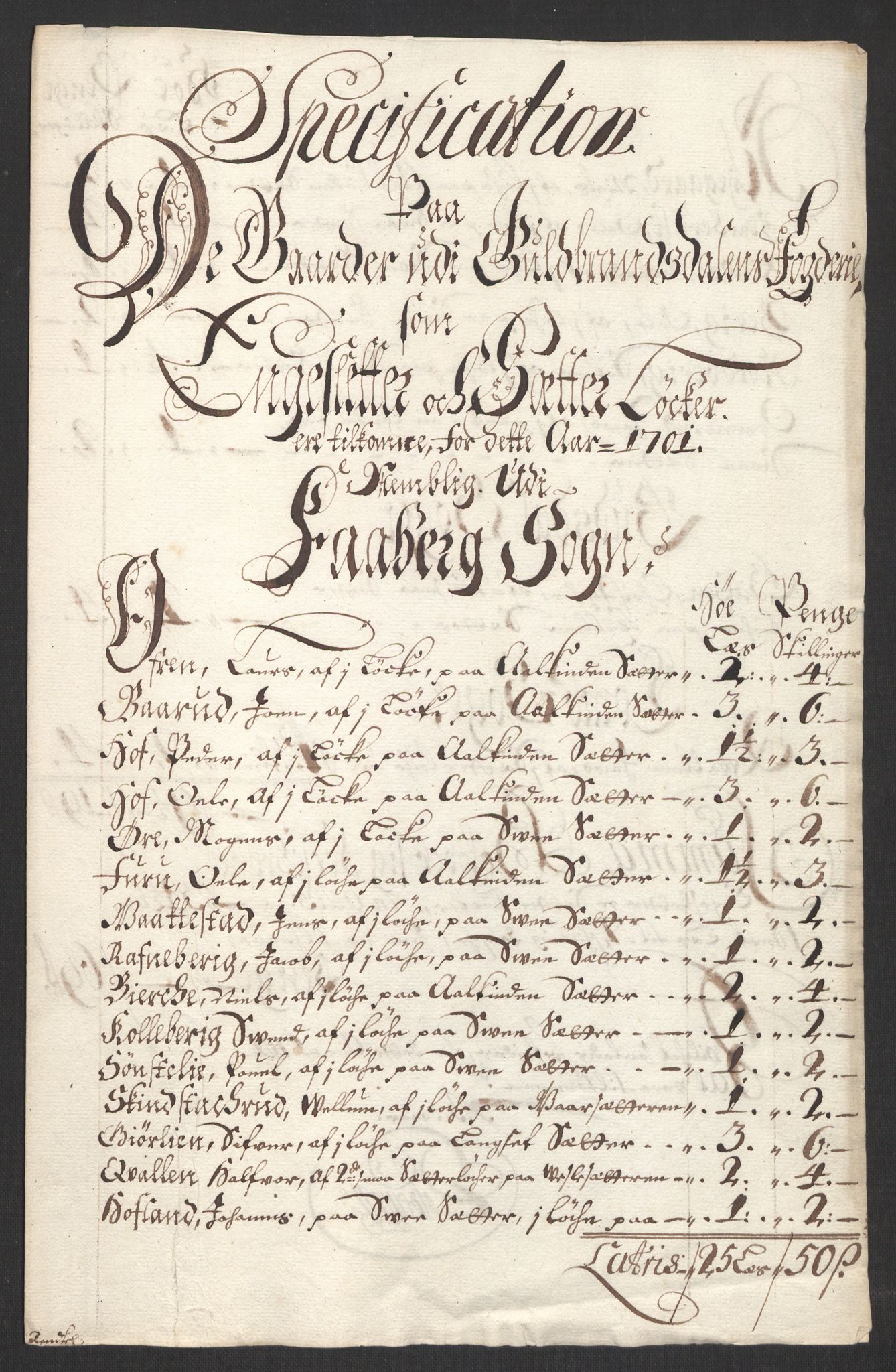 Rentekammeret inntil 1814, Reviderte regnskaper, Fogderegnskap, RA/EA-4092/R17/L1174: Fogderegnskap Gudbrandsdal, 1701, p. 35