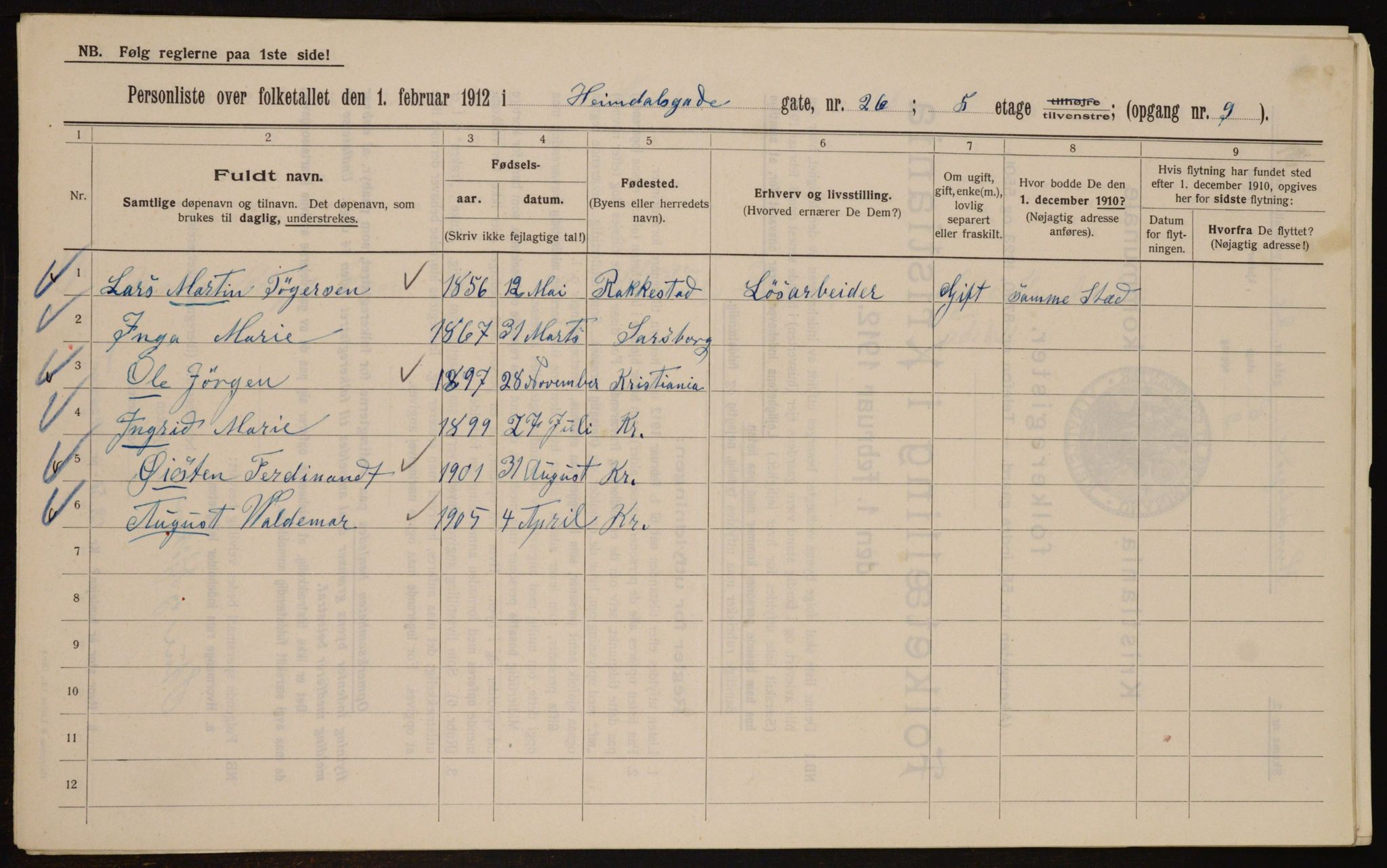 OBA, Municipal Census 1912 for Kristiania, 1912, p. 37261