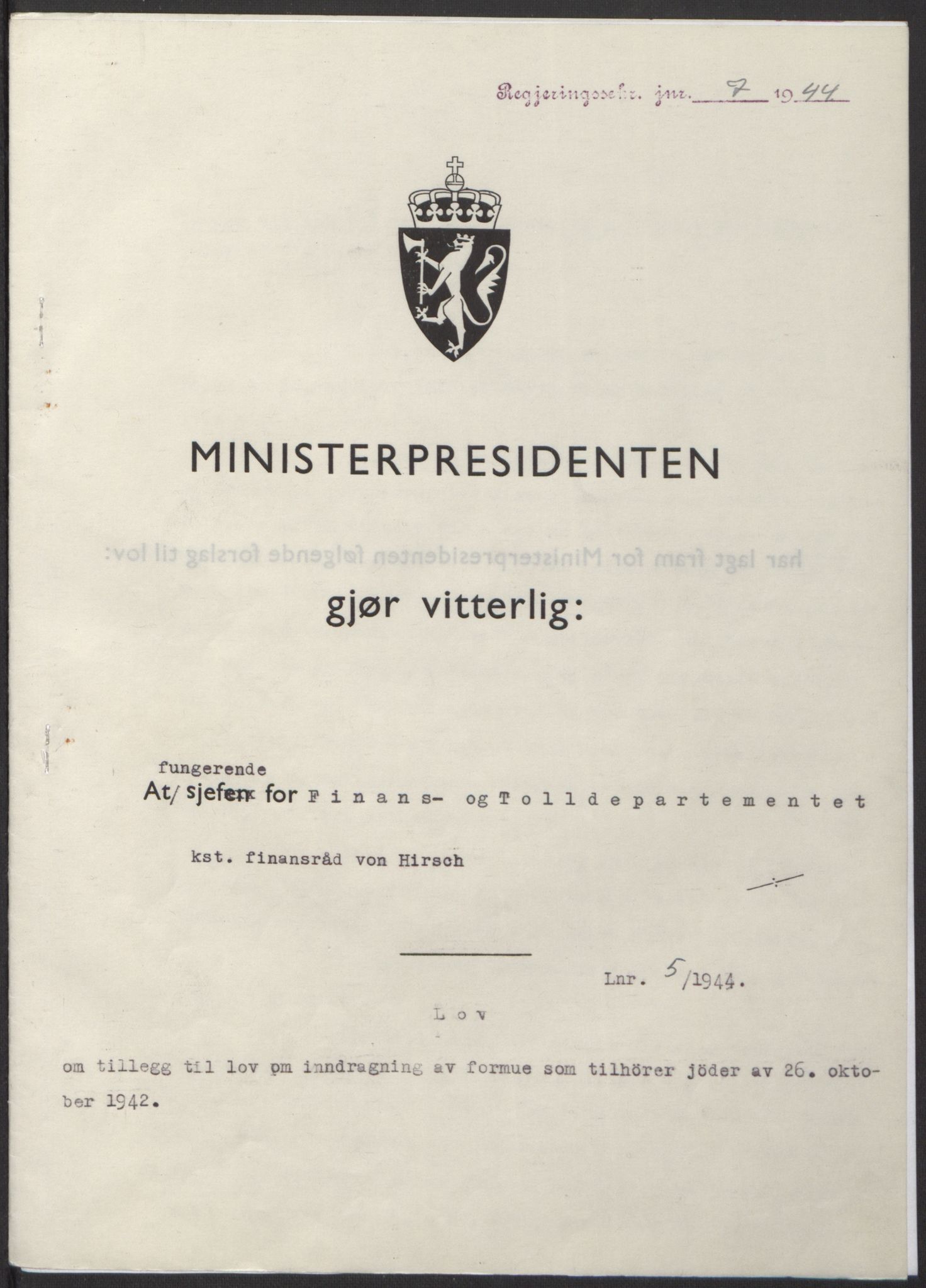 NS-administrasjonen 1940-1945 (Statsrådsekretariatet, de kommisariske statsråder mm), RA/S-4279/D/Db/L0100: Lover, 1944, p. 21