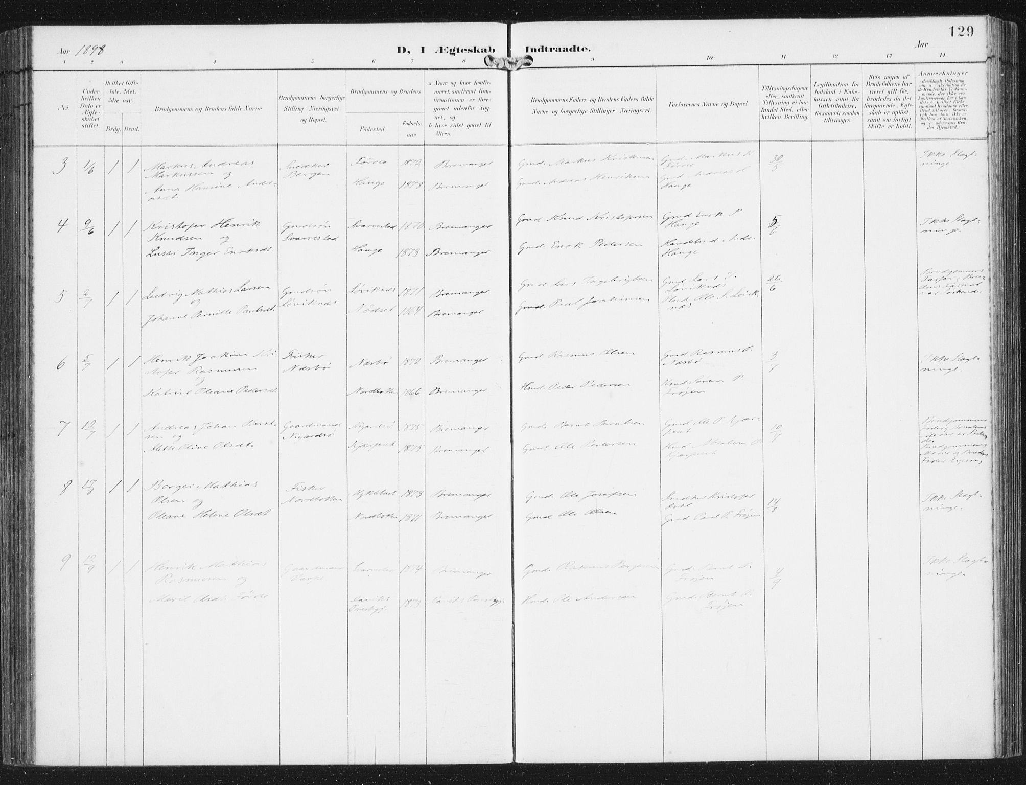 Bremanger sokneprestembete, AV/SAB-A-82201/H/Haa/Haab/L0002: Parish register (official) no. B  2, 1896-1908, p. 129