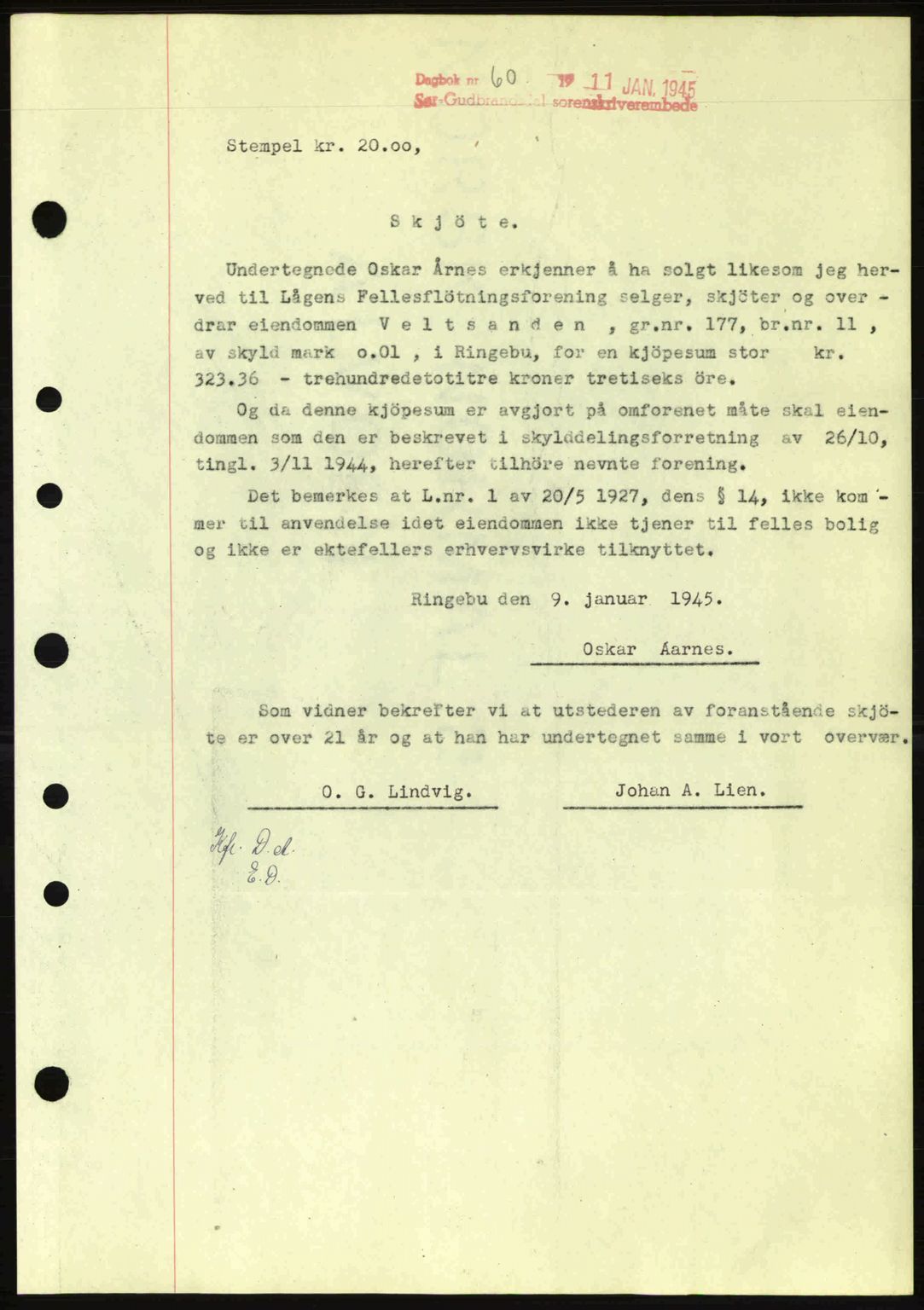 Sør-Gudbrandsdal tingrett, SAH/TING-004/H/Hb/Hbd/L0014: Mortgage book no. A14, 1944-1945, Diary no: : 60/1945